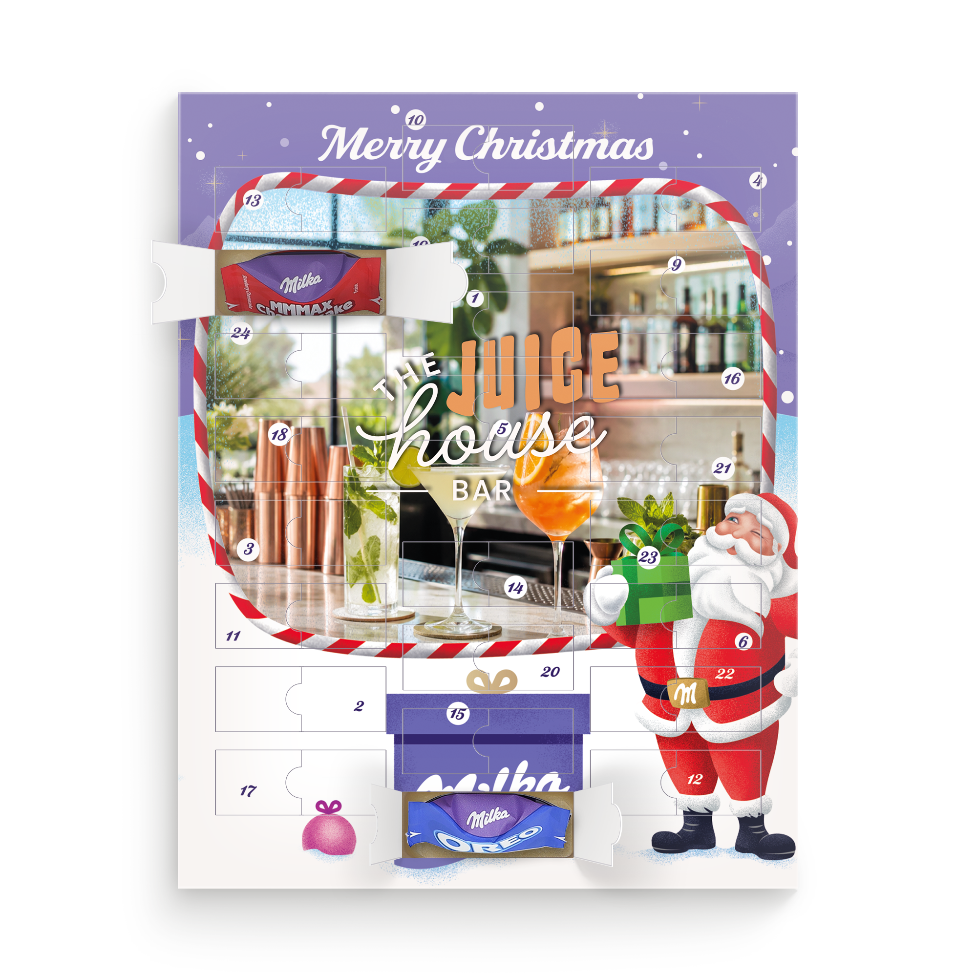 Personalisierter Adventskalender - Milka Favourites mit eigenem Foto als Hintergrund und frohen Weihnachtsgrüßen.