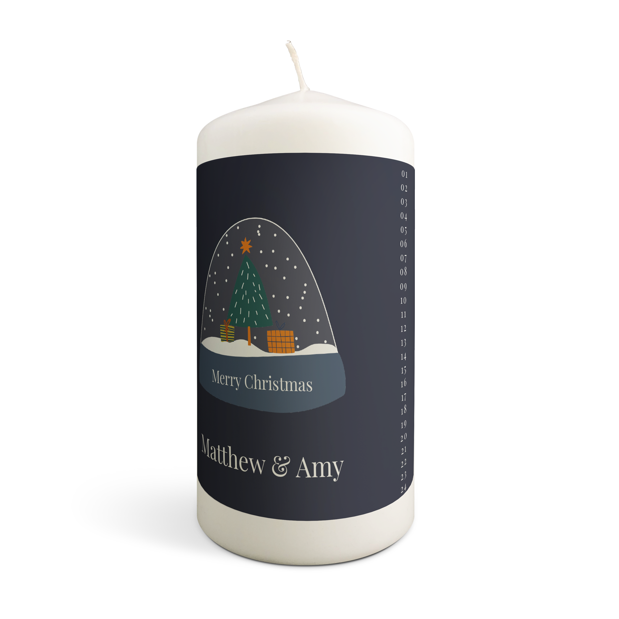 Personalised advent candle printed with a snow globe, "Merry Christmas," "Matthew & Amy," and dates to count down the days till Christmas.