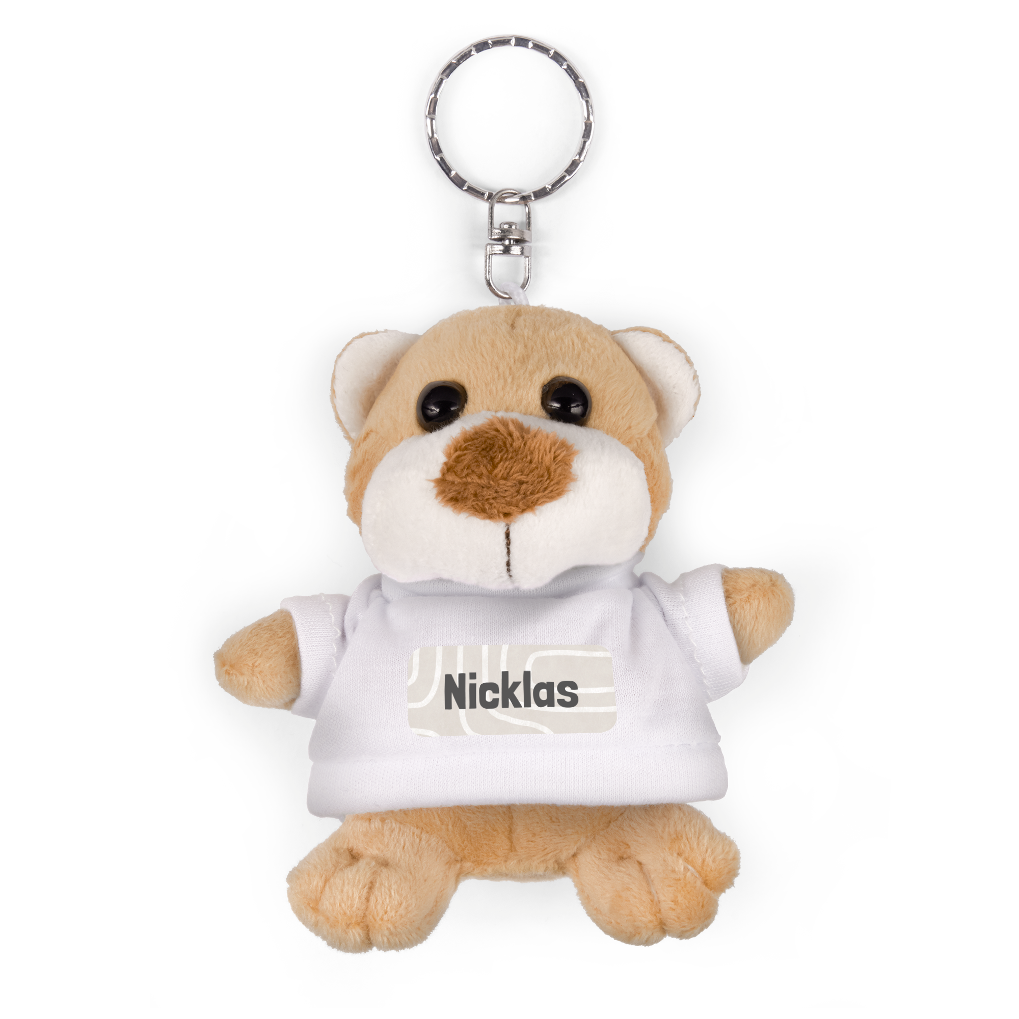 En bamse nøglering med navn, trykt med navnet "Nicklas" på den hvide skjorte