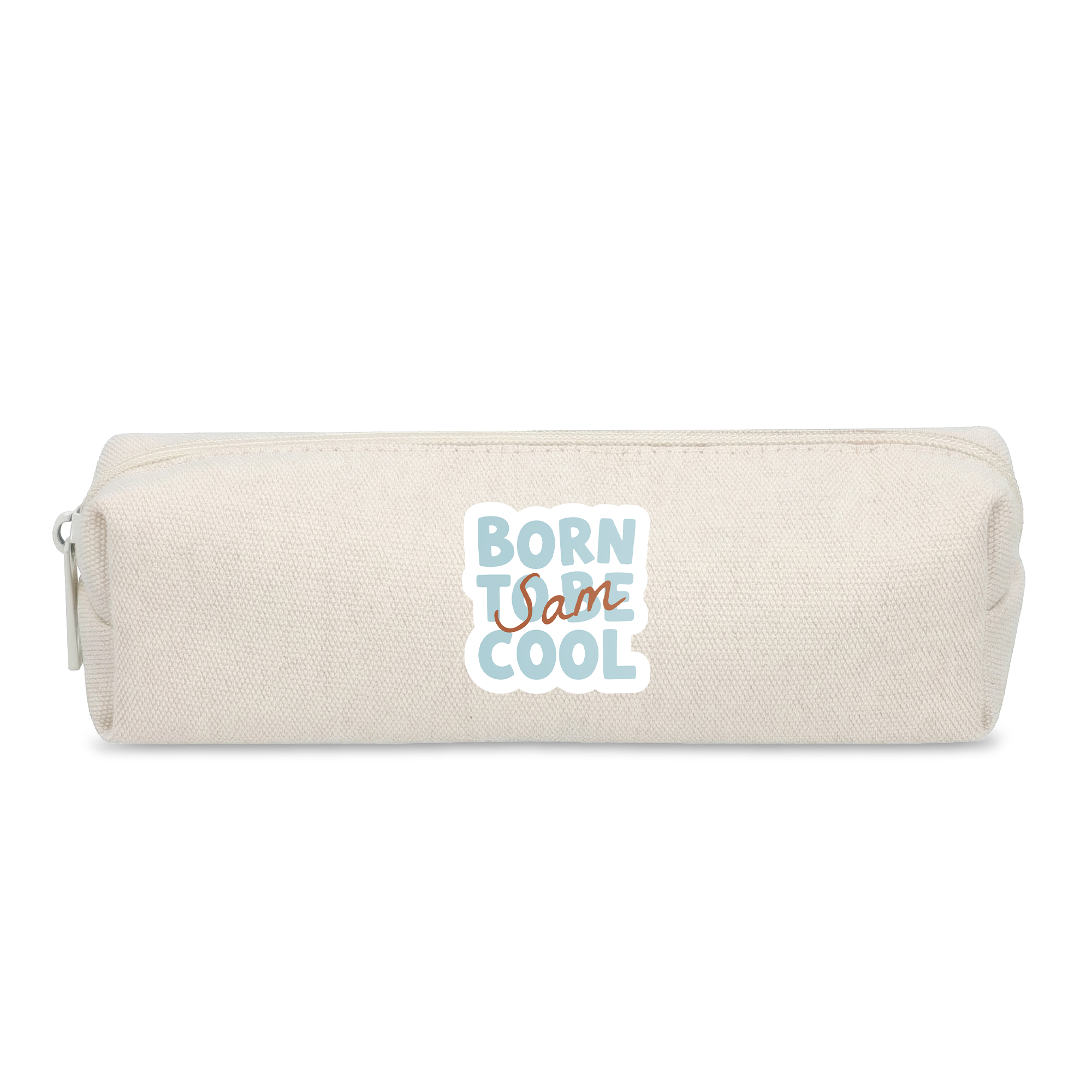 Beige etui bedrukken met de tekst Born to be Cool en gepersonaliseerde naam Sam.