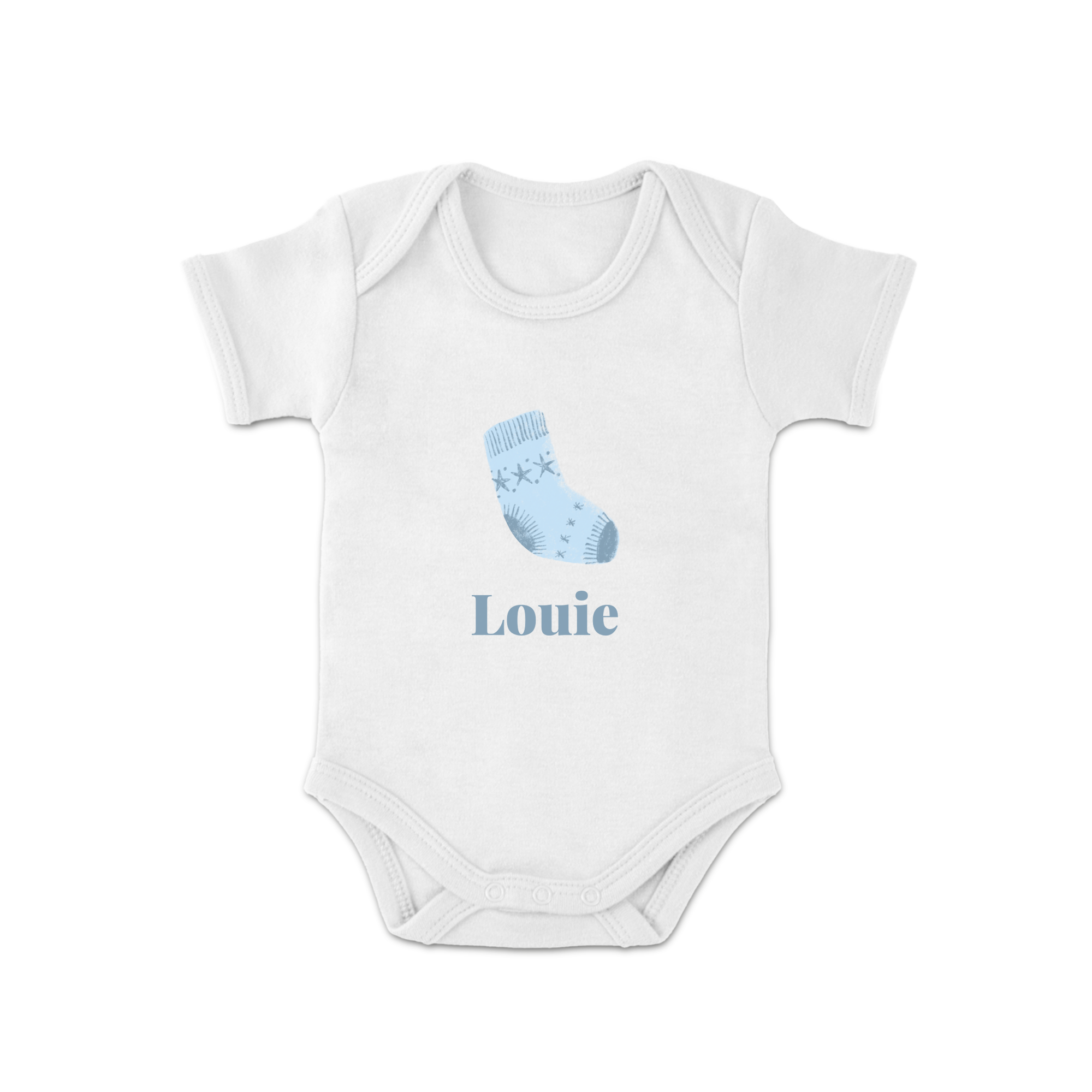 Hvit julesparkebukse med navn Louie og en blå babysokk som motiv, trykt med ønsket tekst og design.