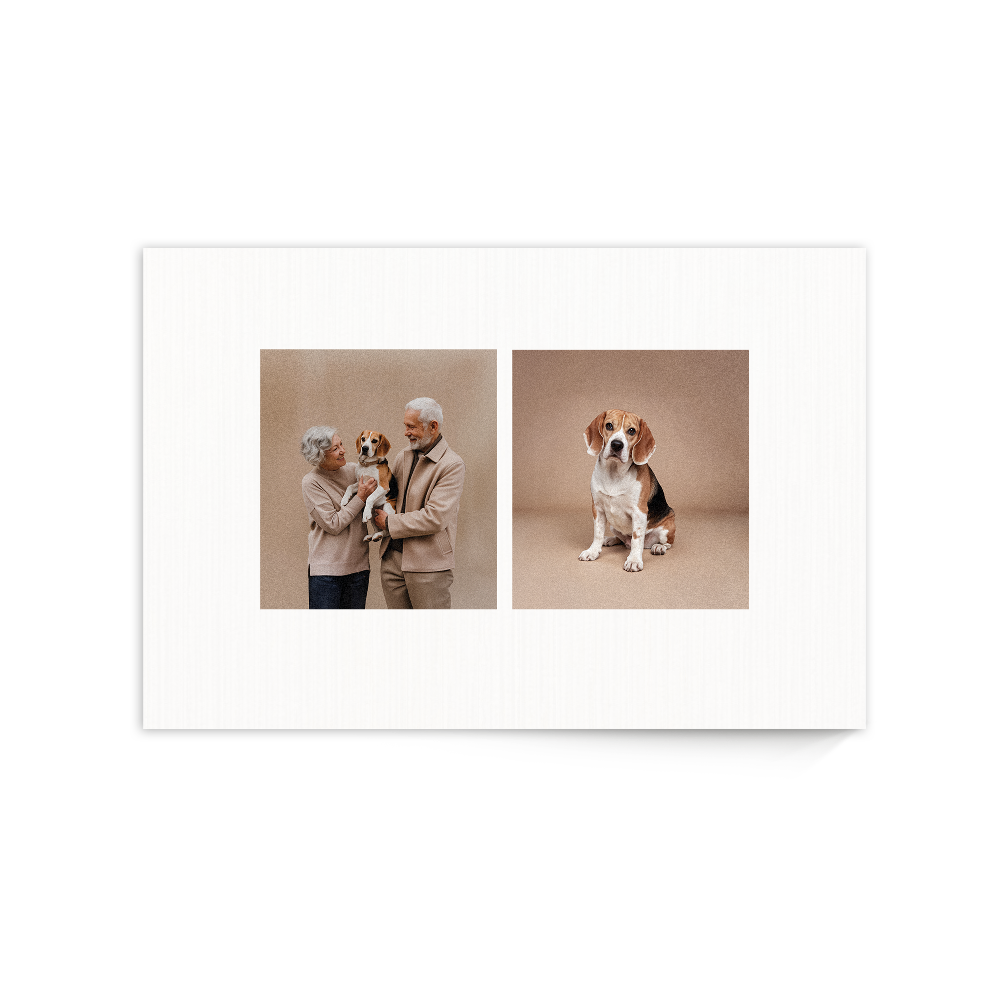 Træpanel med to printede fotos af beagle hunde og et ældre par for et unikt og originalt print af dit bedste billede.