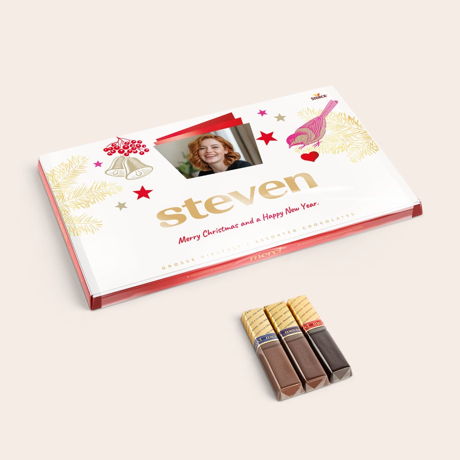 Personalised Merci Chocolate Gift Box & Greeting Card Merci chocolate with personalised card - 400 grams, with printed photo and Merry Christmas Steven message.