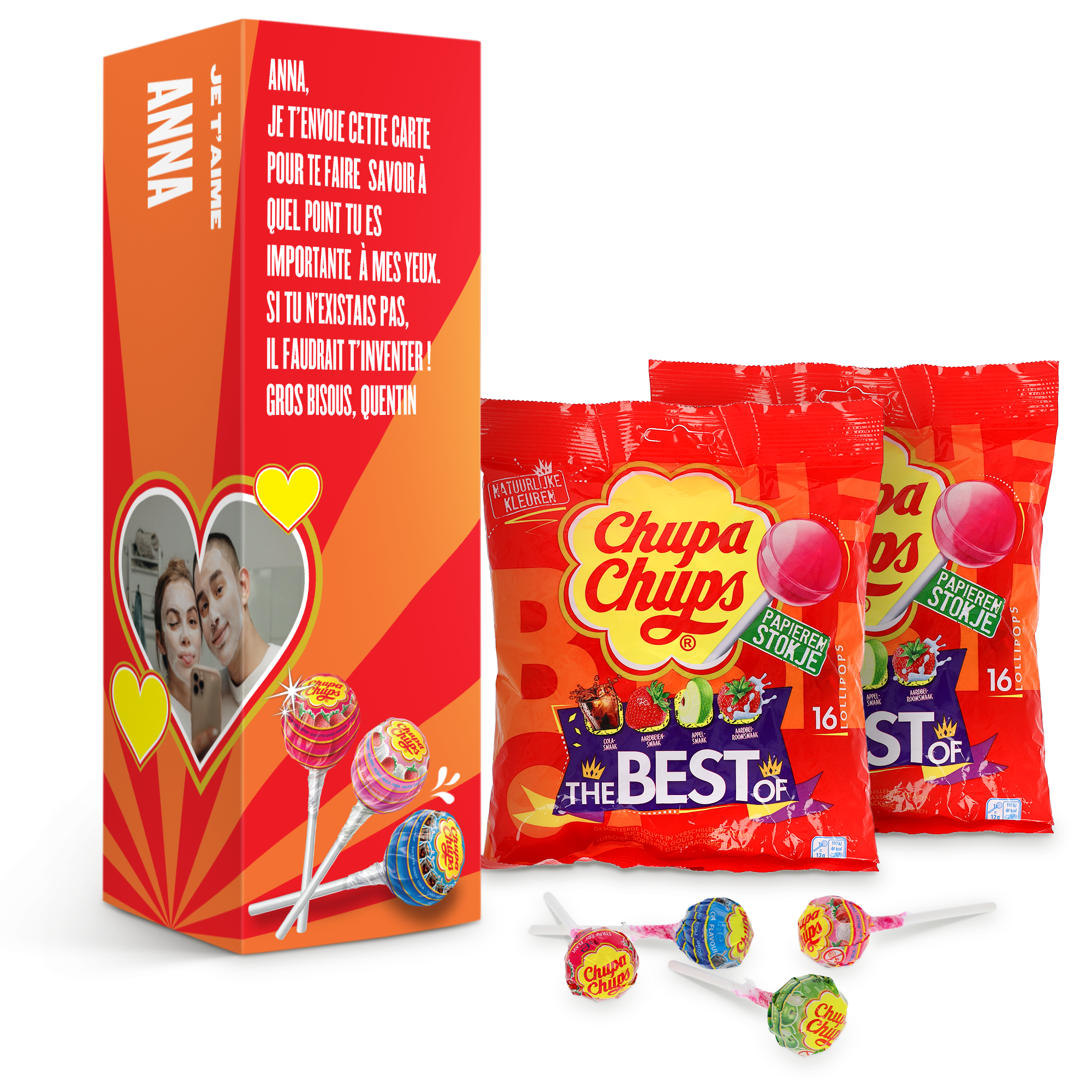 Coffret cadeau Chupa Chups personnalisé avec photo et message pour créer de doux souvenirs