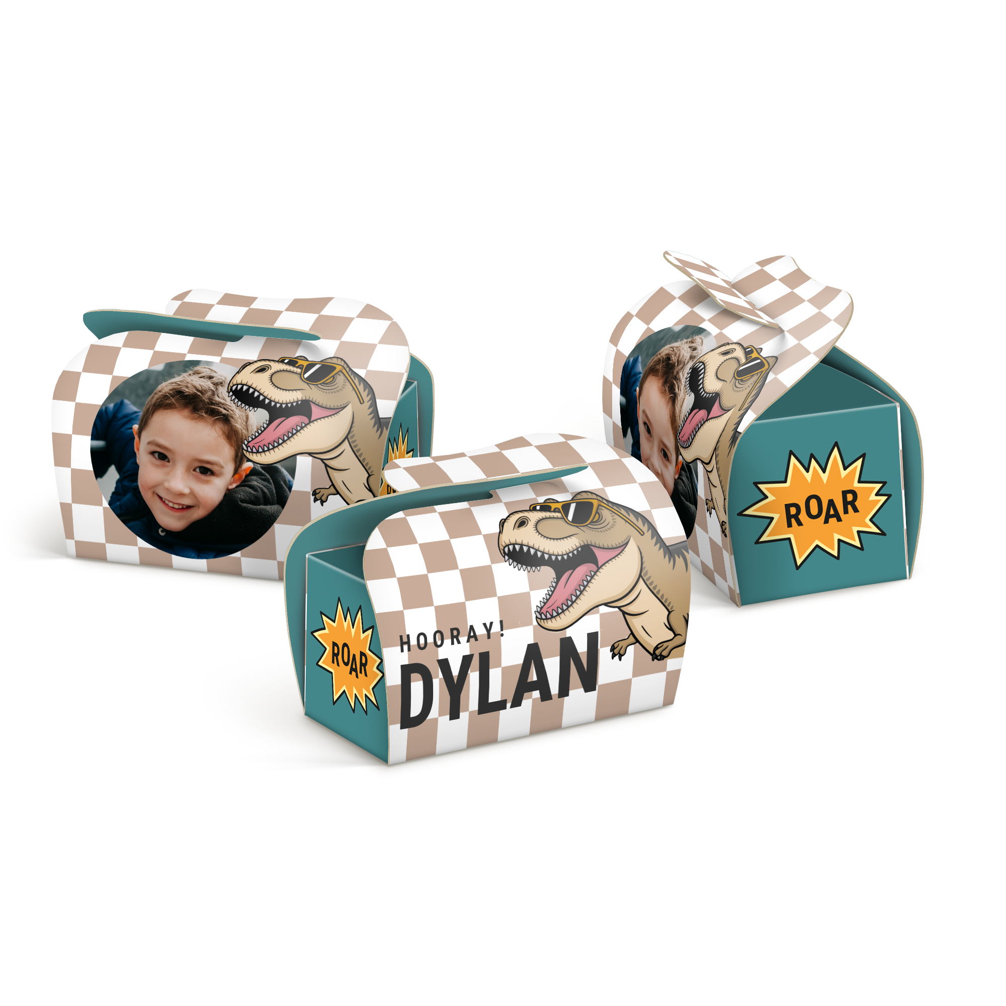 Personalizované krabičky na Milka Favority s fotkou chlapca, menom Dylan a obrázkom dinosaura.