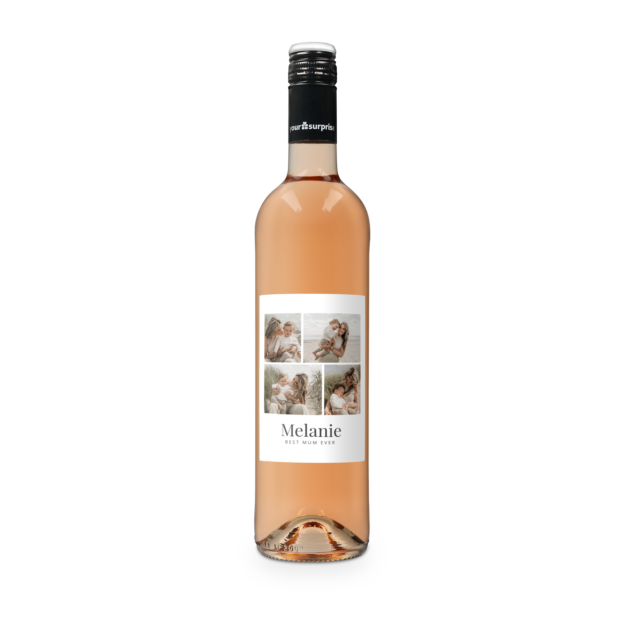 Fles Maison de la Surprise Syrah rosé wijn met persoonlijk bedrukt etiket met foto's en de naam Melanie.