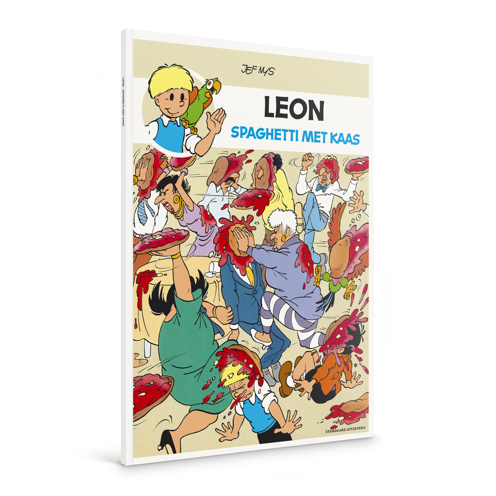 Persoonlijk stripboek - Jommeke Spaghetti Met Kaas Softcover met een chaos van personages die vechten met voedsel en de gepersonaliseerde naam LEON op de cover.