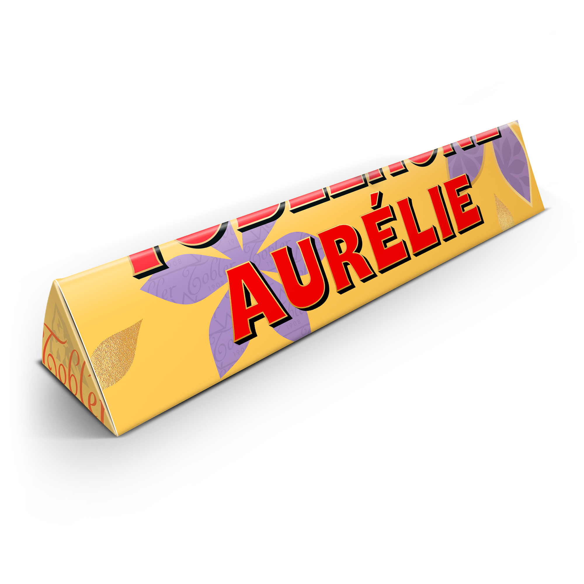 Barre de chocolat Toblerone personnalisée avec le nom Aurélie imprimé sur l'emballage jaune