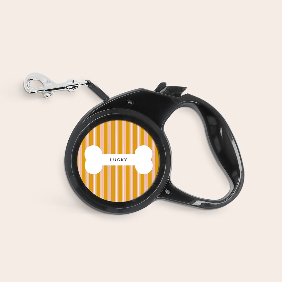 Personalisierte Hundeleine - 2m Personalisierte Hundeleine mit aufgedrucktem Design aus gelben und orangenen Streifen und einem weißen Knochen mit dem Namen Lucky