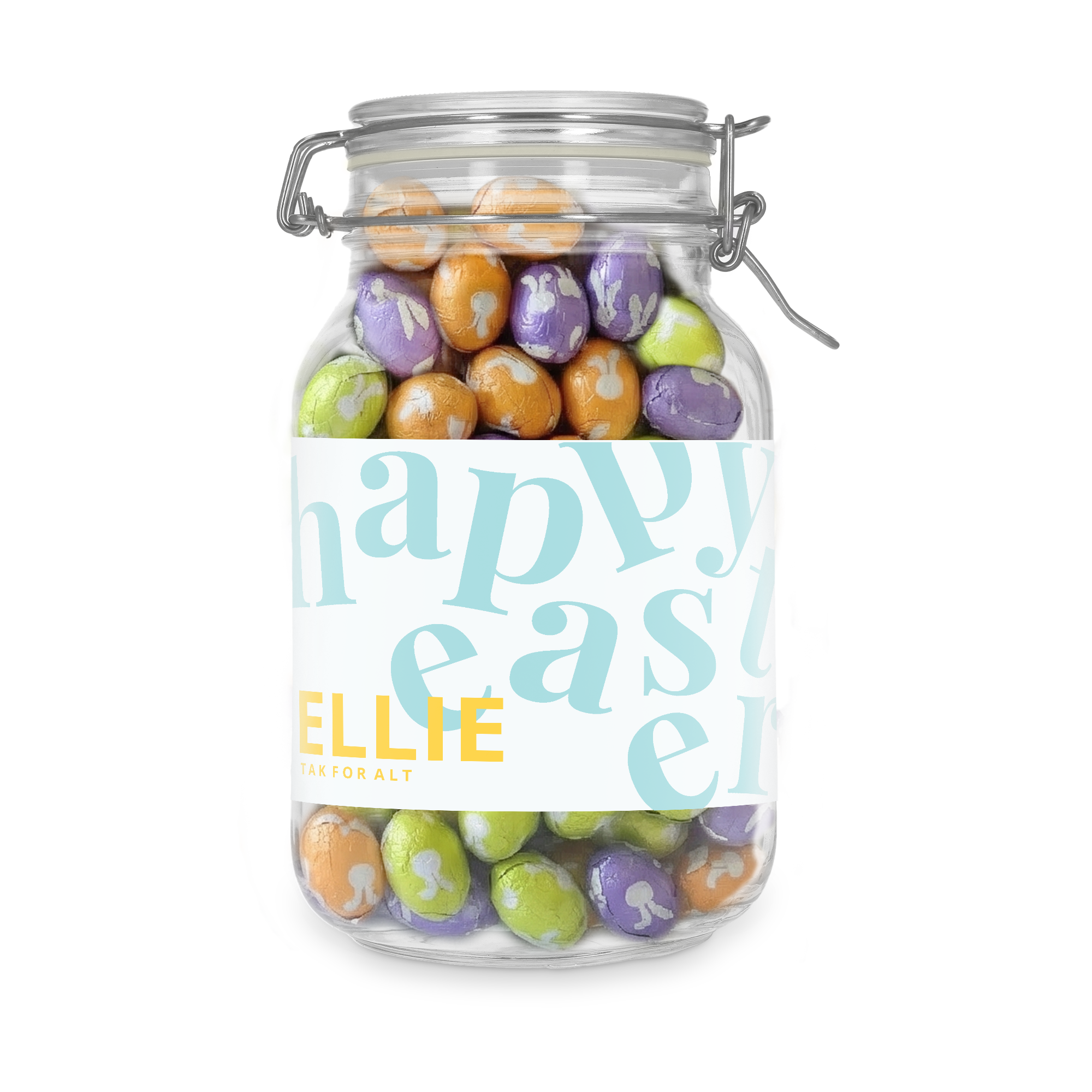 Glaskrukke med låg og personlig etikette - 2L - Påskeæg fyldt med farverige påskeæg og designet med teksten "Happy Easter Ellie Tak for alt".