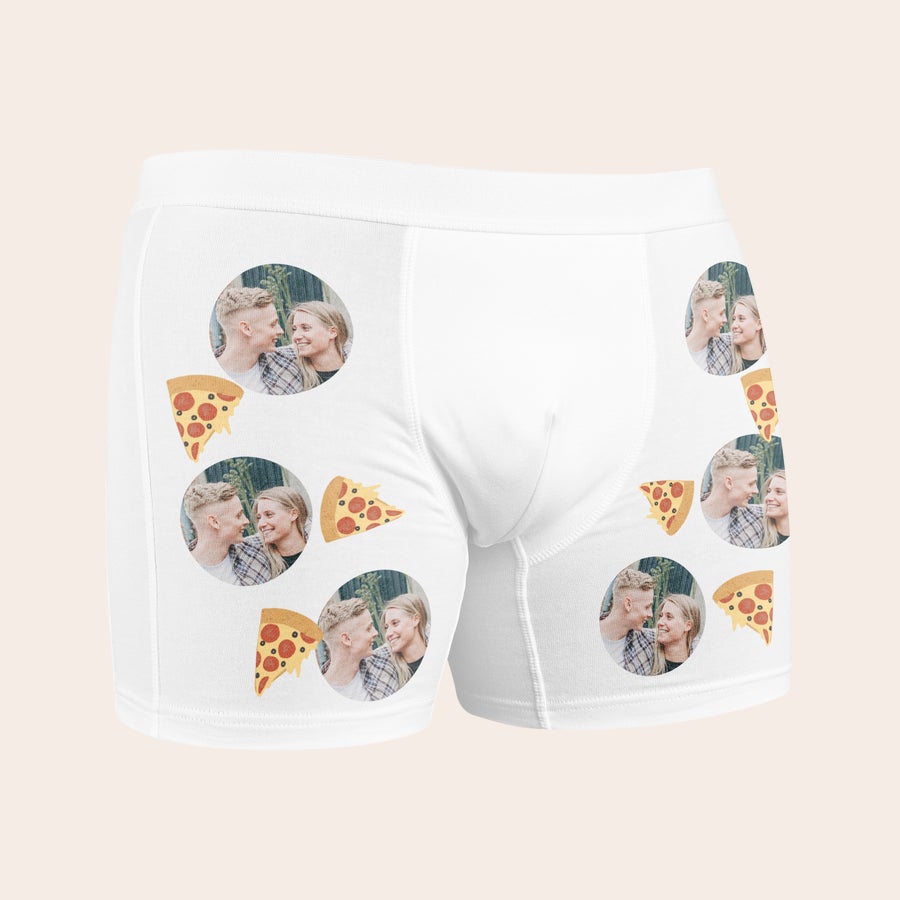 Boxer personalizzati Boxer personalizzabili bianchi con stampa di foto in cerchi e fette di pizza, per biancheria intima stampata con foto