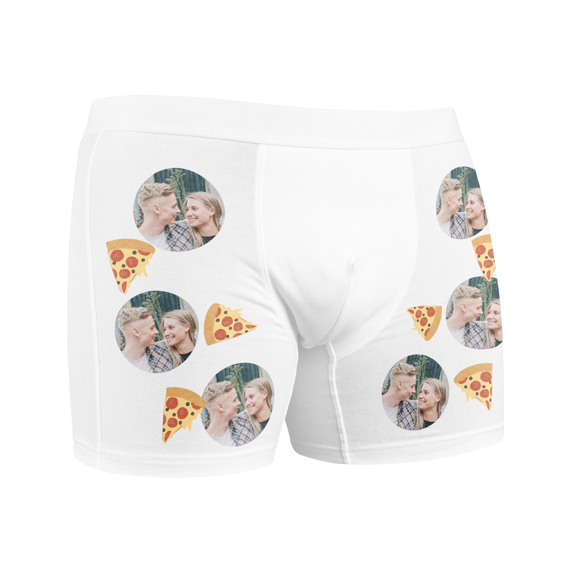 Witte boxershort met een unieke foto print van een stel en pizzapunten, een origineel cadeau.