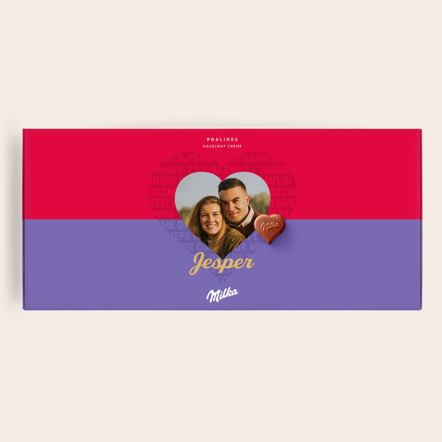 Personliga Milka presentförpackning - Kärlek Milka presentbox med Säg det med Milka foto, namnet Jesper och chokladhjärta, personlig med egen bild