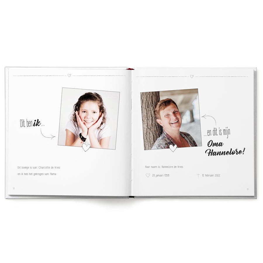 Boek "Lieve Oma, omdat ik je zo mis" met naam