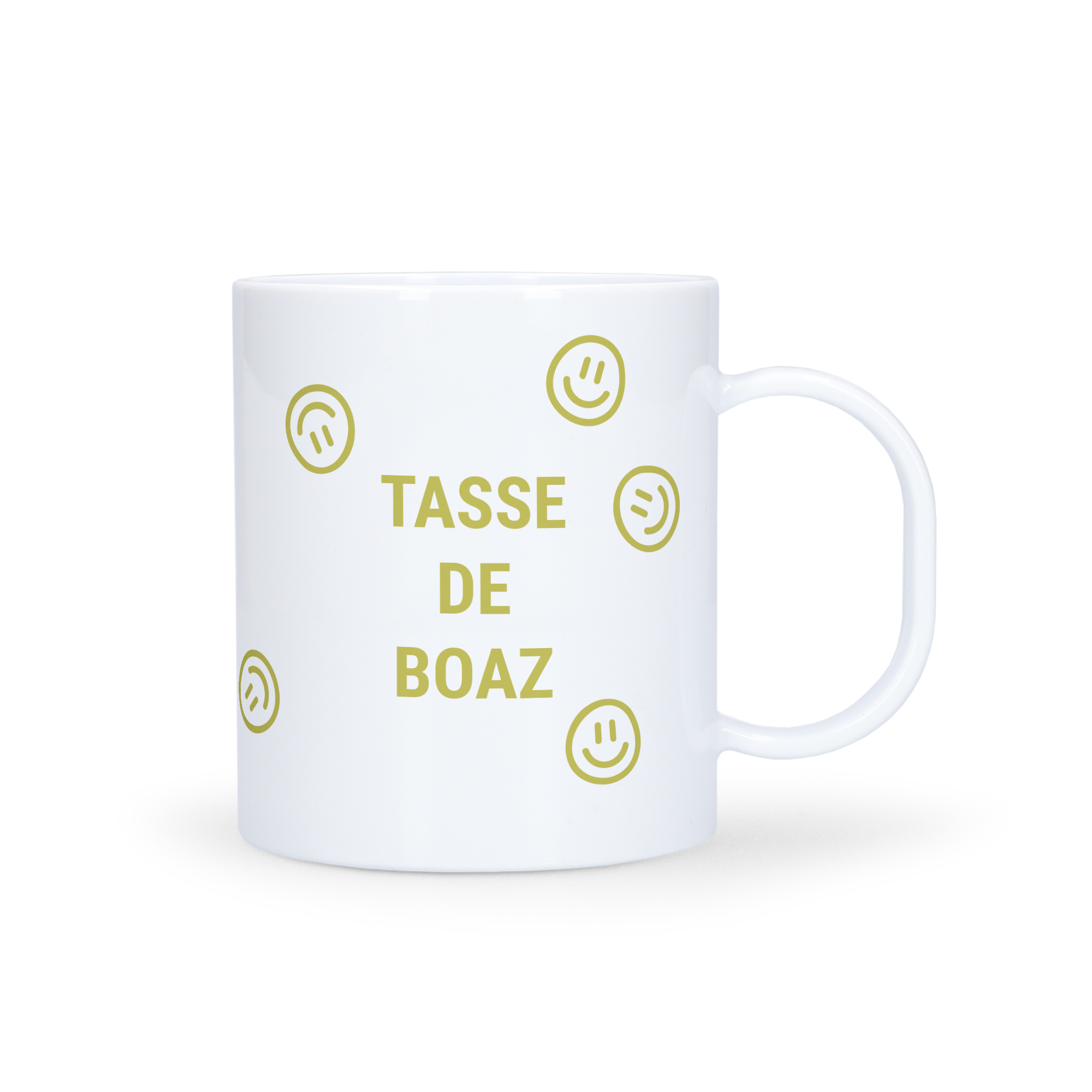 Tasse en plastique personnalisée blanche, imprimée du texte doré &quot;Tasse de Boaz&quot; et de motifs de smileys.