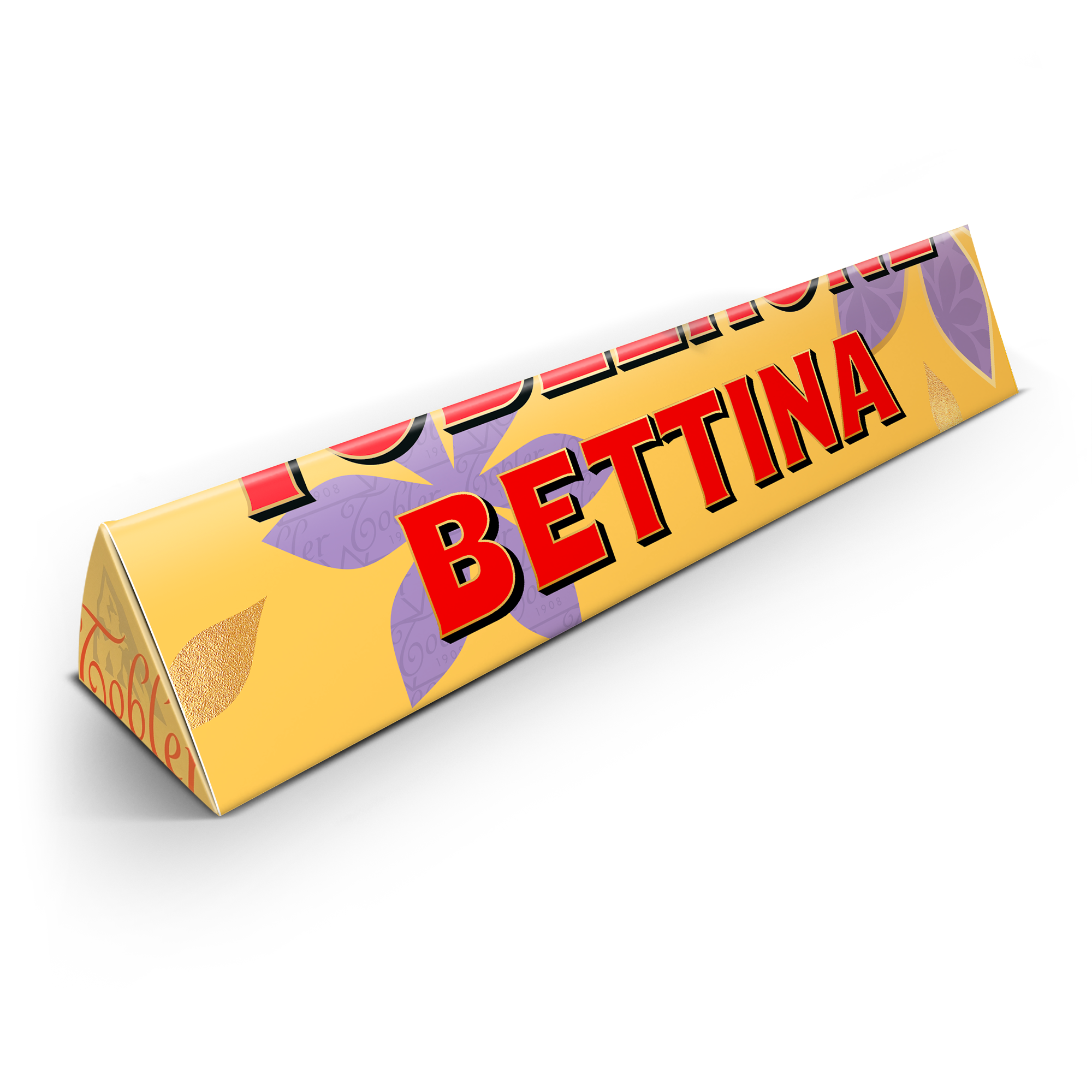 Personlig Toblerone-chokoladebar med navnet BETTINA, trykt på gul emballage med lilla blomster. En god gave til mor.