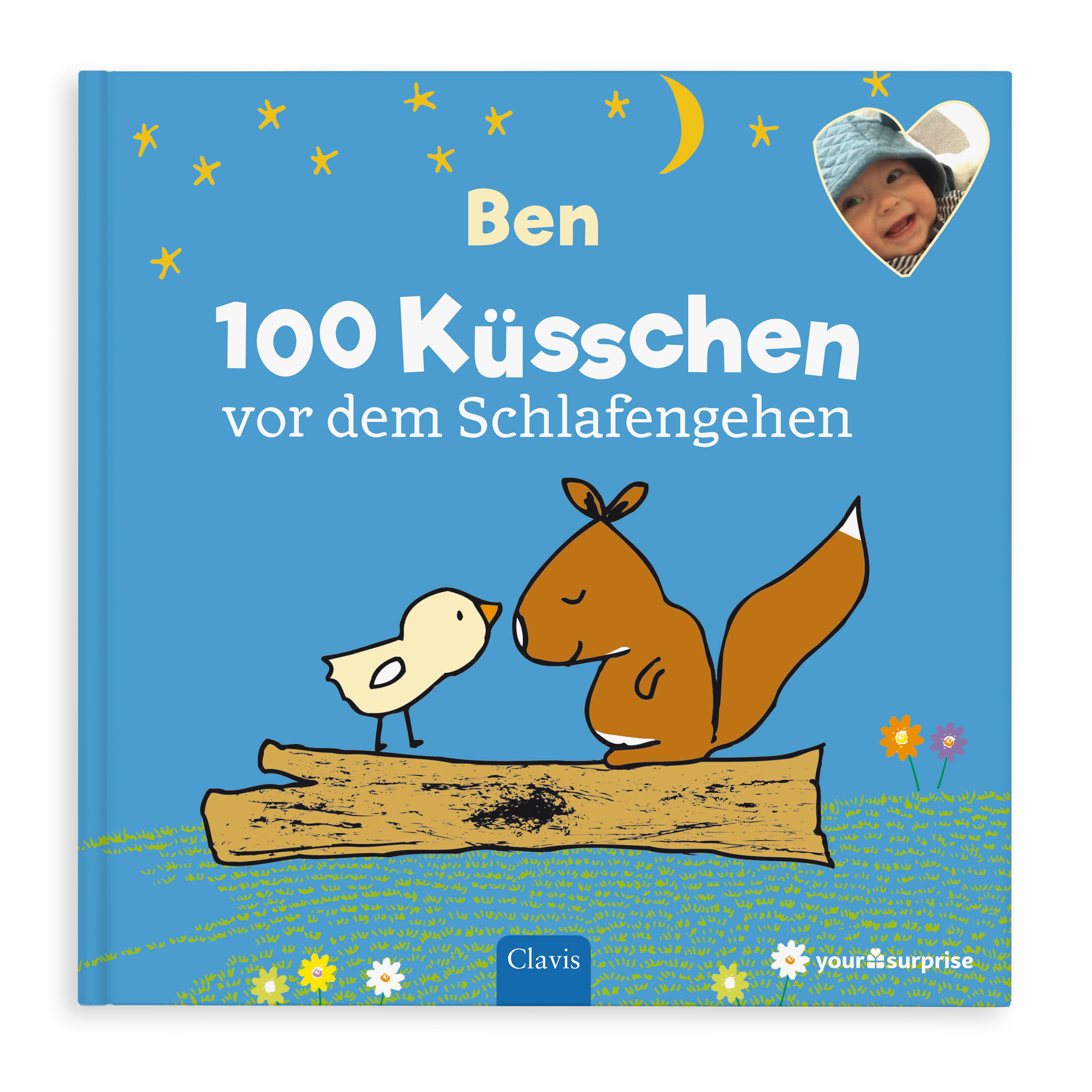 Personalisiertes Gute Nacht Kinderbuch "100 Küsschen vor dem Schlafengehen" mit Name Ben und Foto des Kindes
