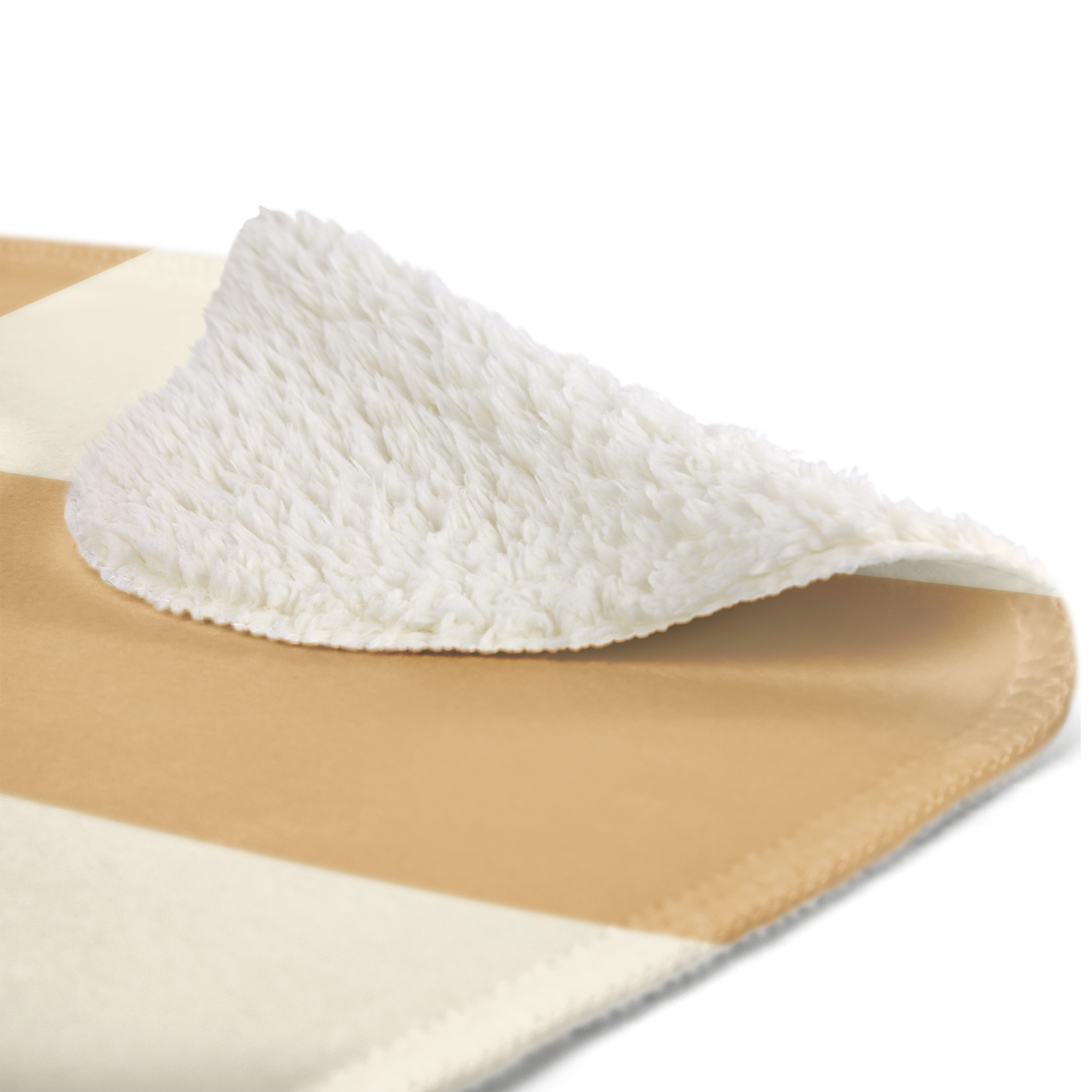 Manta polar personalizada de poliéster 100% reciclado, suave, con rayas beige y crema, impresa con foto y nombre.