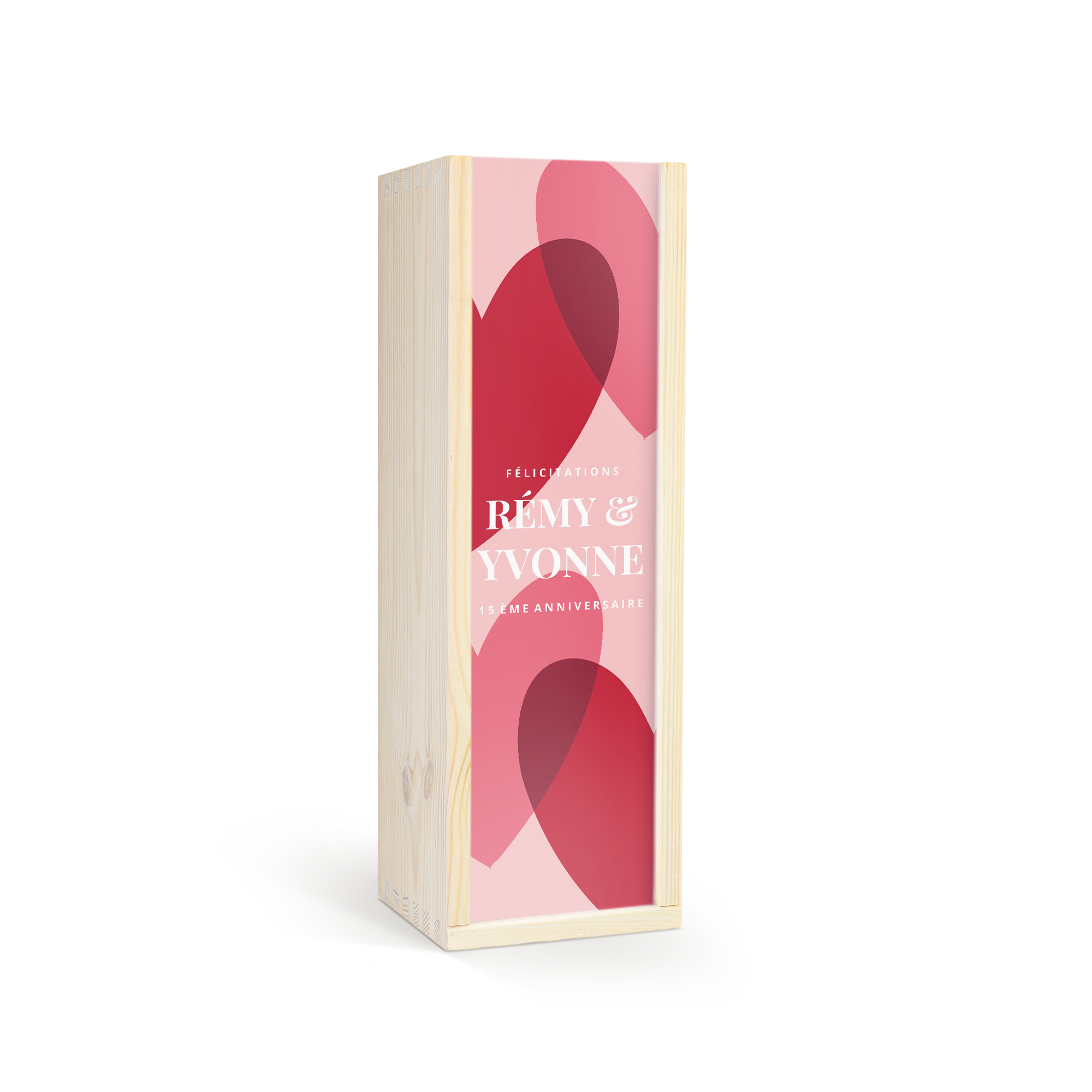 Coffret en bois imprimé avec "Félicitations Rémy & Yvonne 15ème anniversaire" et des cœurs rouges pour vin chaud