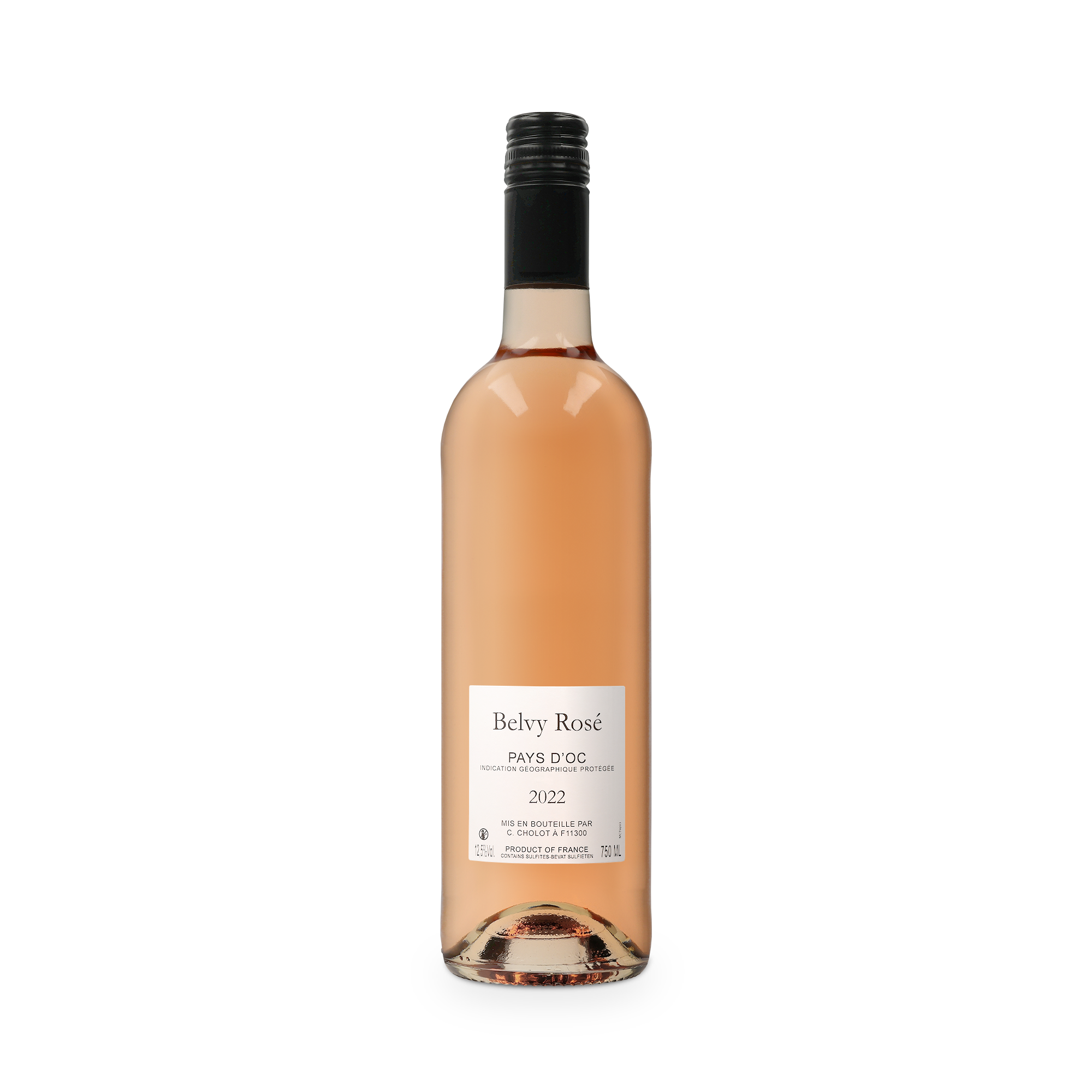 Botella de vino rosado Belvy con etiqueta personalizada, impresa con el texto "Belvy Rosé Pays D'Oc 2022"