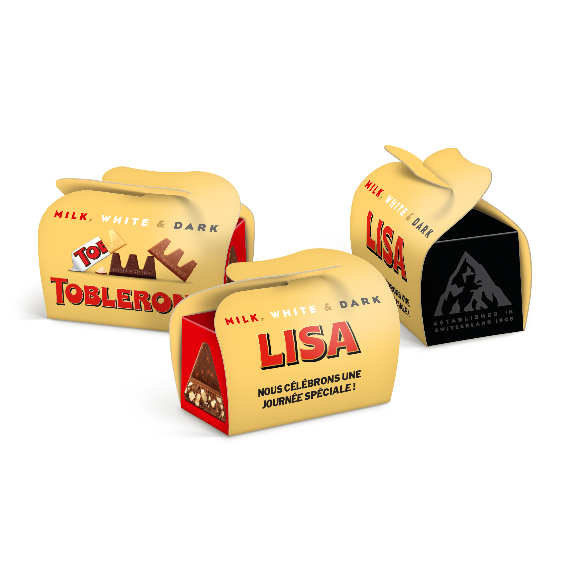 Trois boîtes Toblerone personnalisées, imprimées avec le nom Lisa et un message spécial pour des moments inoubliables.
