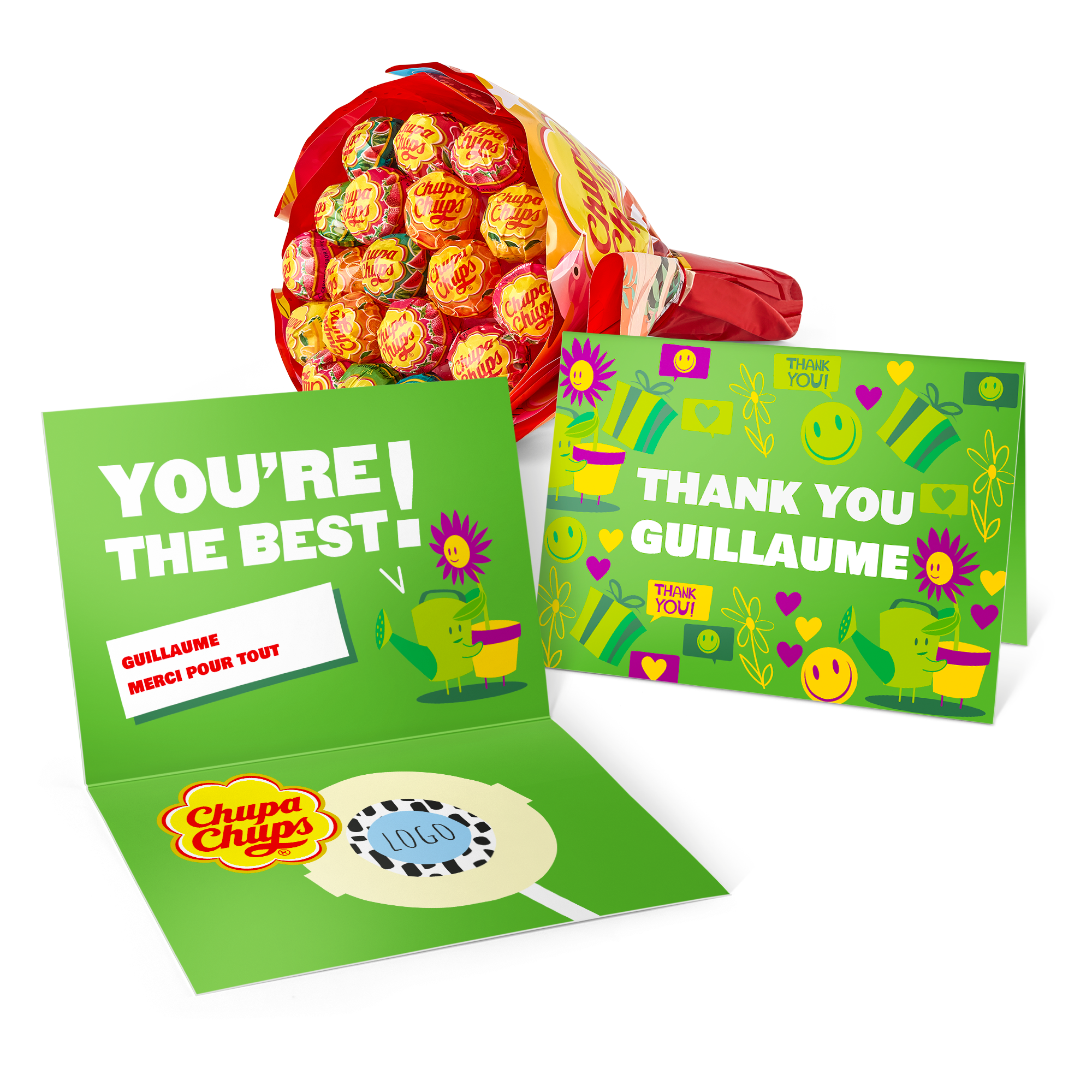 Bouquet de sucettes Chupa Chups et carte personnalisée imprimée avec le texte "Guillaume merci pour tout"