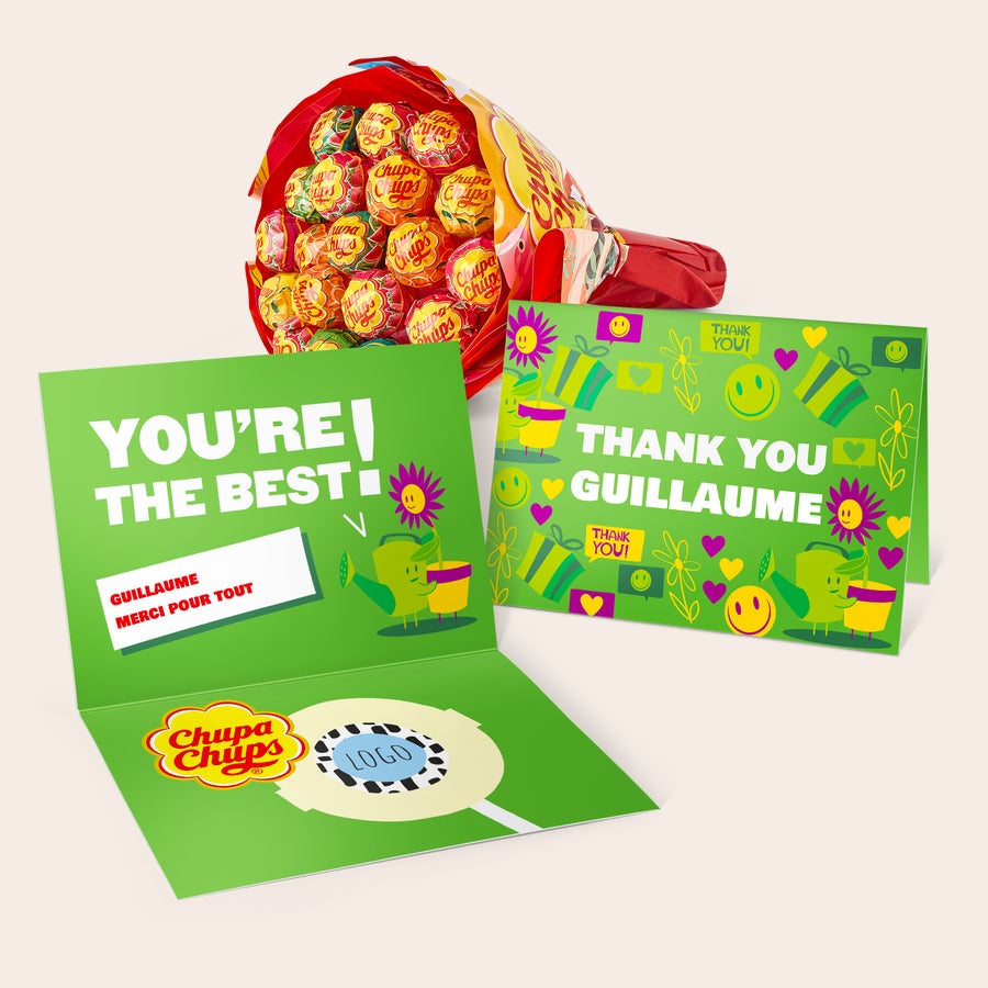 Bouquet de sucettes Chupa Chups avec carte de vœux personnalisée Bouquet de sucettes Chupa Chups avec carte de vœux personnalisée