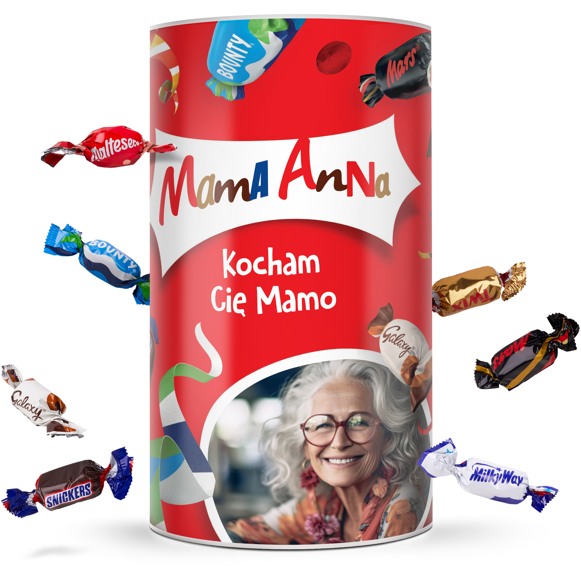Cukierki Celebrations w personalizowanej tubie, z nadrukowanym imieniem Mama Anna, napisem Kocham Cię Mamo oraz zdjęciem uśmiechniętej kobiety.