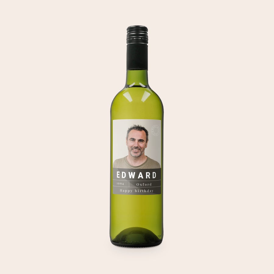 Belvy - Vino bianco Personalizzato Bottiglia di vino bianco Belvy con etichetta stampata personalizzata con foto nome Edward e testo Happy birthday
