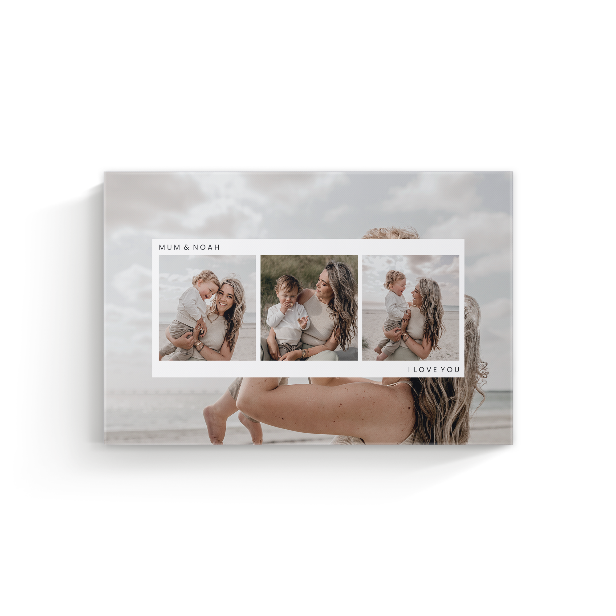 Personalized photo canvas printed with a collage of photos of a mum and her child and custom text