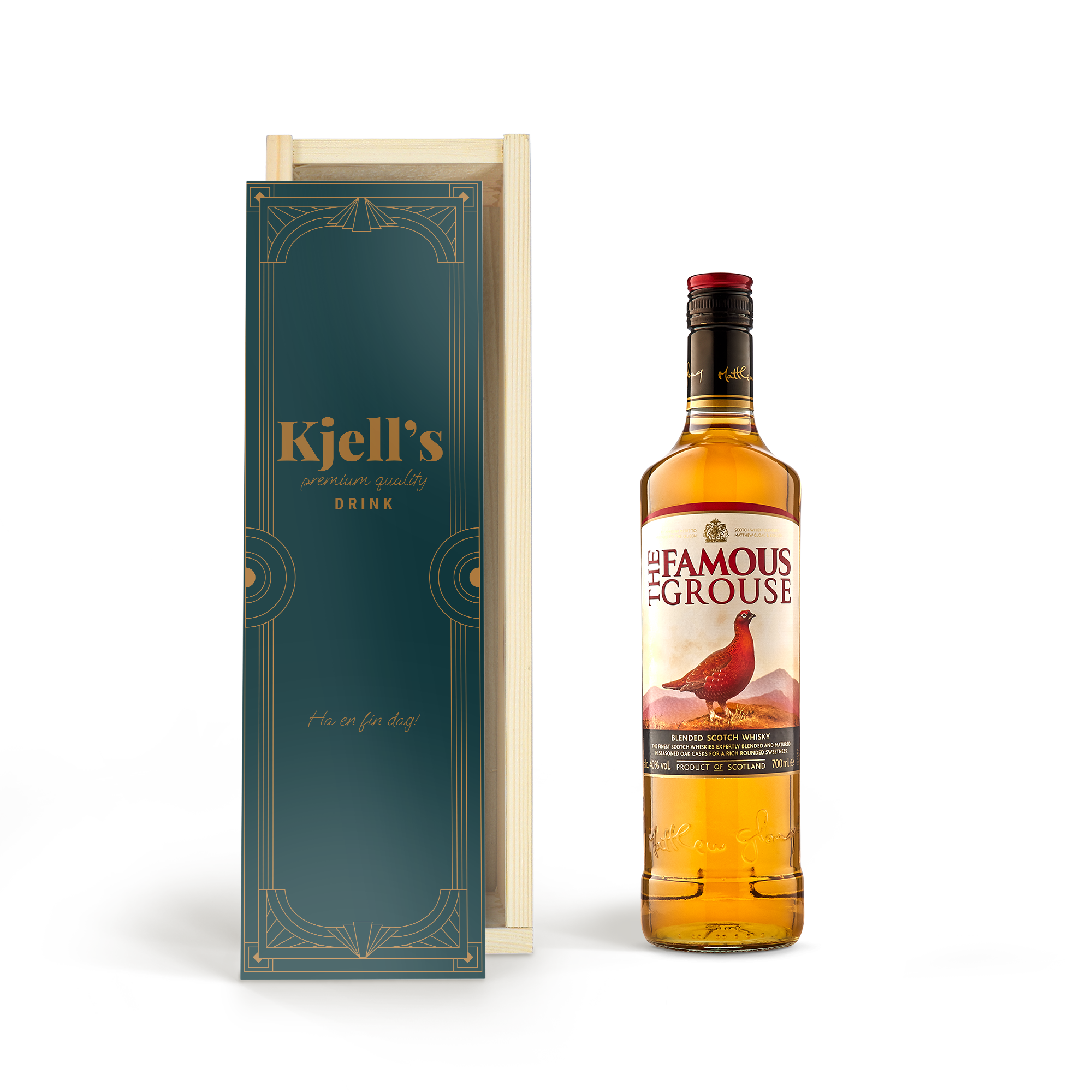 En härlig flaska Famous Grouse whisky i en trälåda med Kjell's premium quality drink och Ha en fin dag tryckt på locket