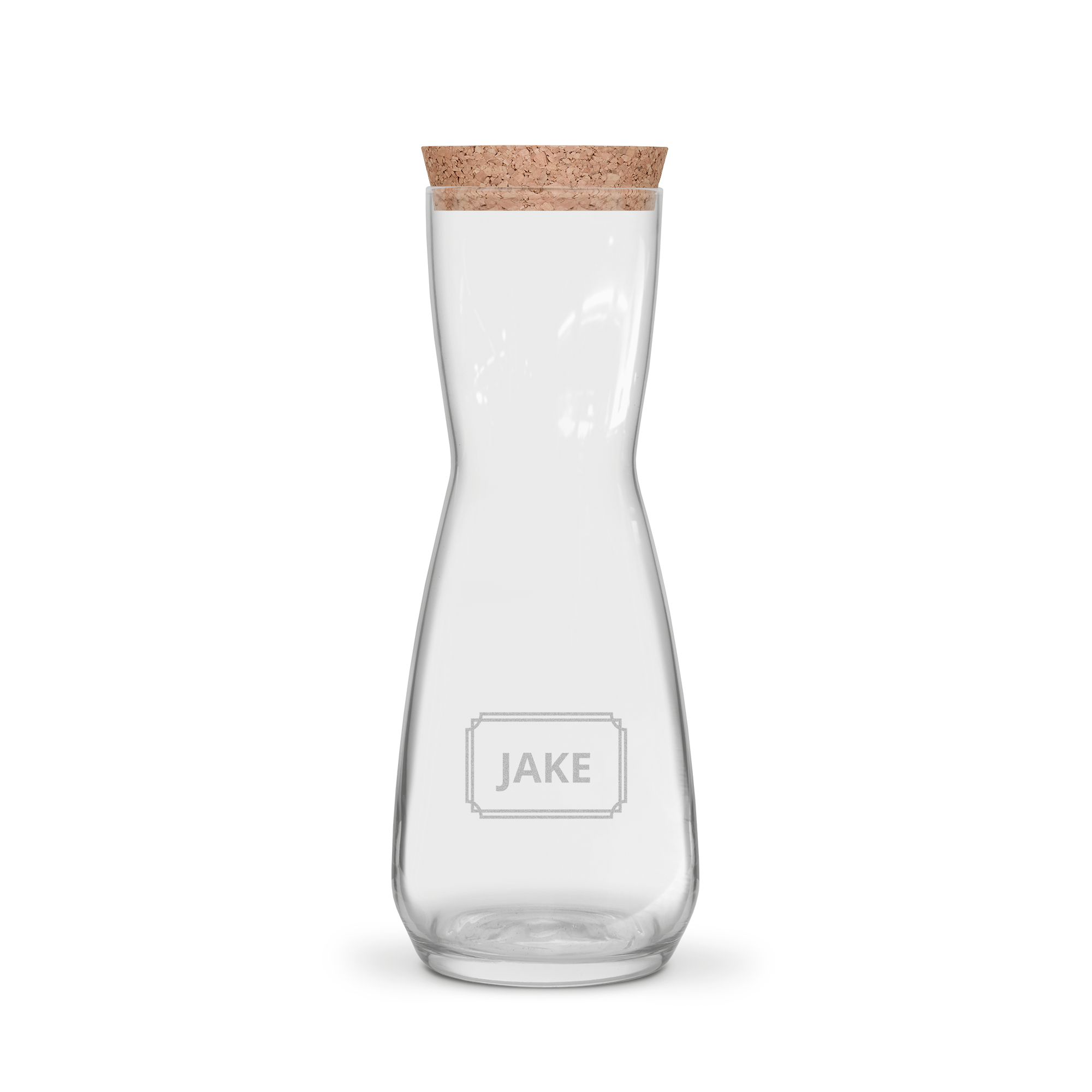 Botella de cristal con tapón de corcho, grabada con el nombre "JAKE" en un marco decorativo para servir tu bebida favorita.
