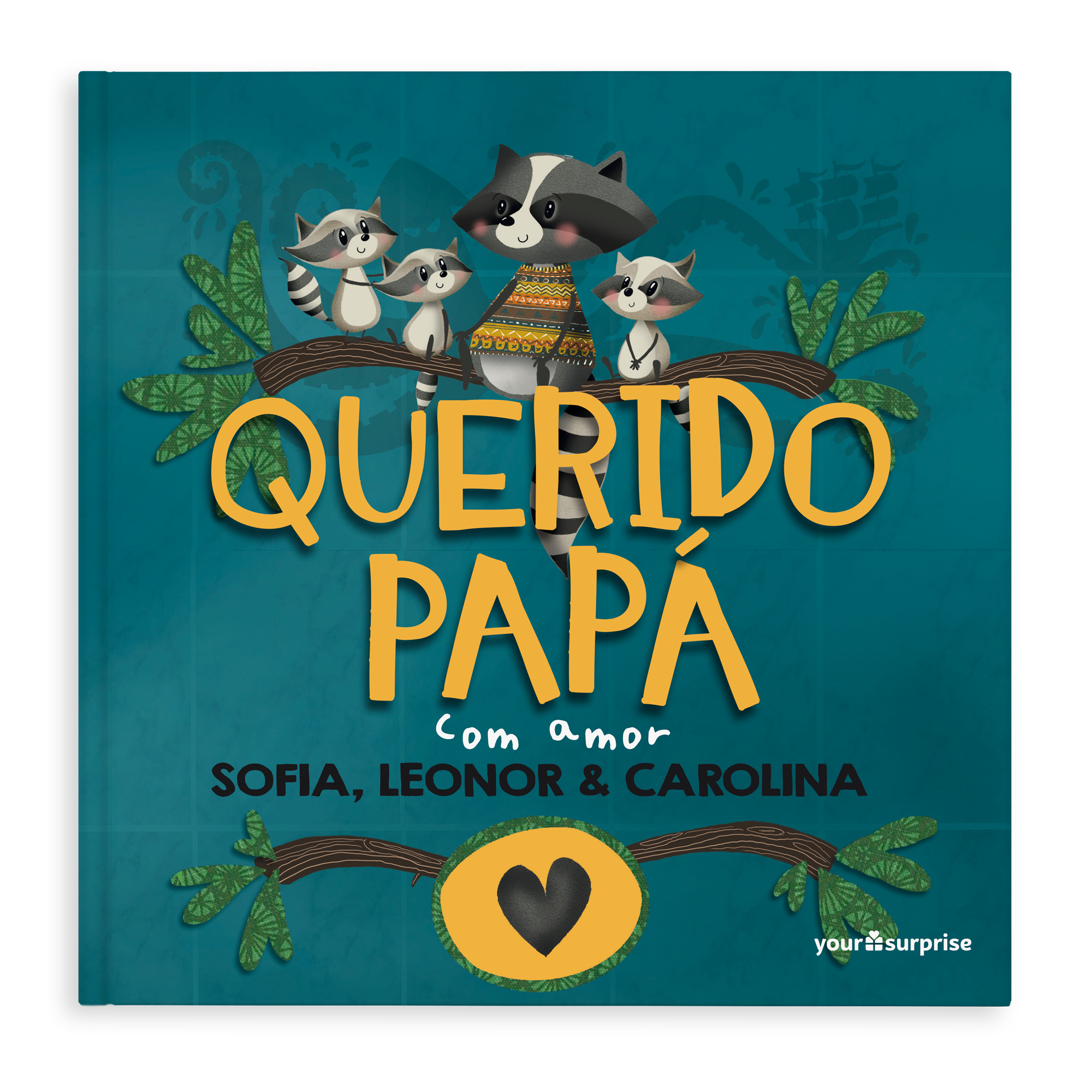 Capa de livro azul "Querido Papá" com guaxinins e nomes impressos, uma história personalizada para o pai.