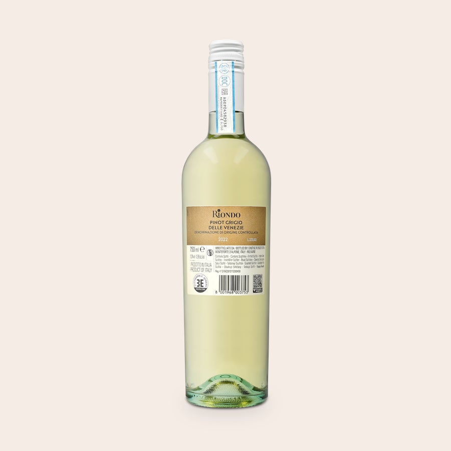 Riondo Pinot Grigio Botella de vino Riondo Pinot Grigio de 750ml con etiqueta personalizada de texto o diseño.