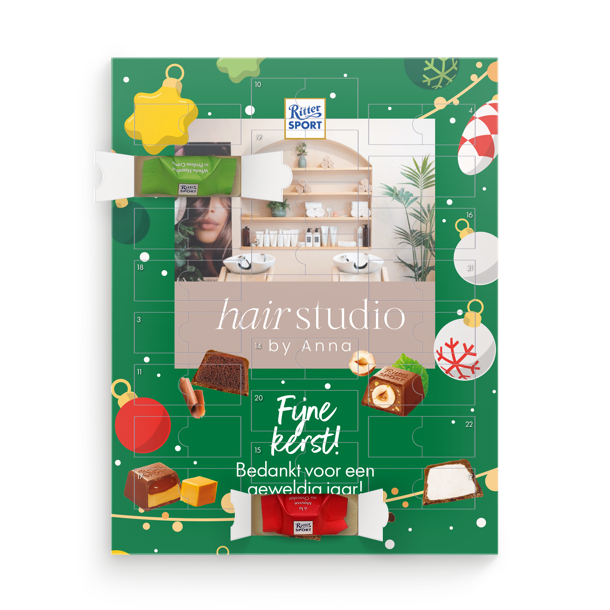 Gepersonaliseerde Ritter Sport adventskalender - Ritter Sport design bedrukt met eigen foto en tekst voor de feestdagen