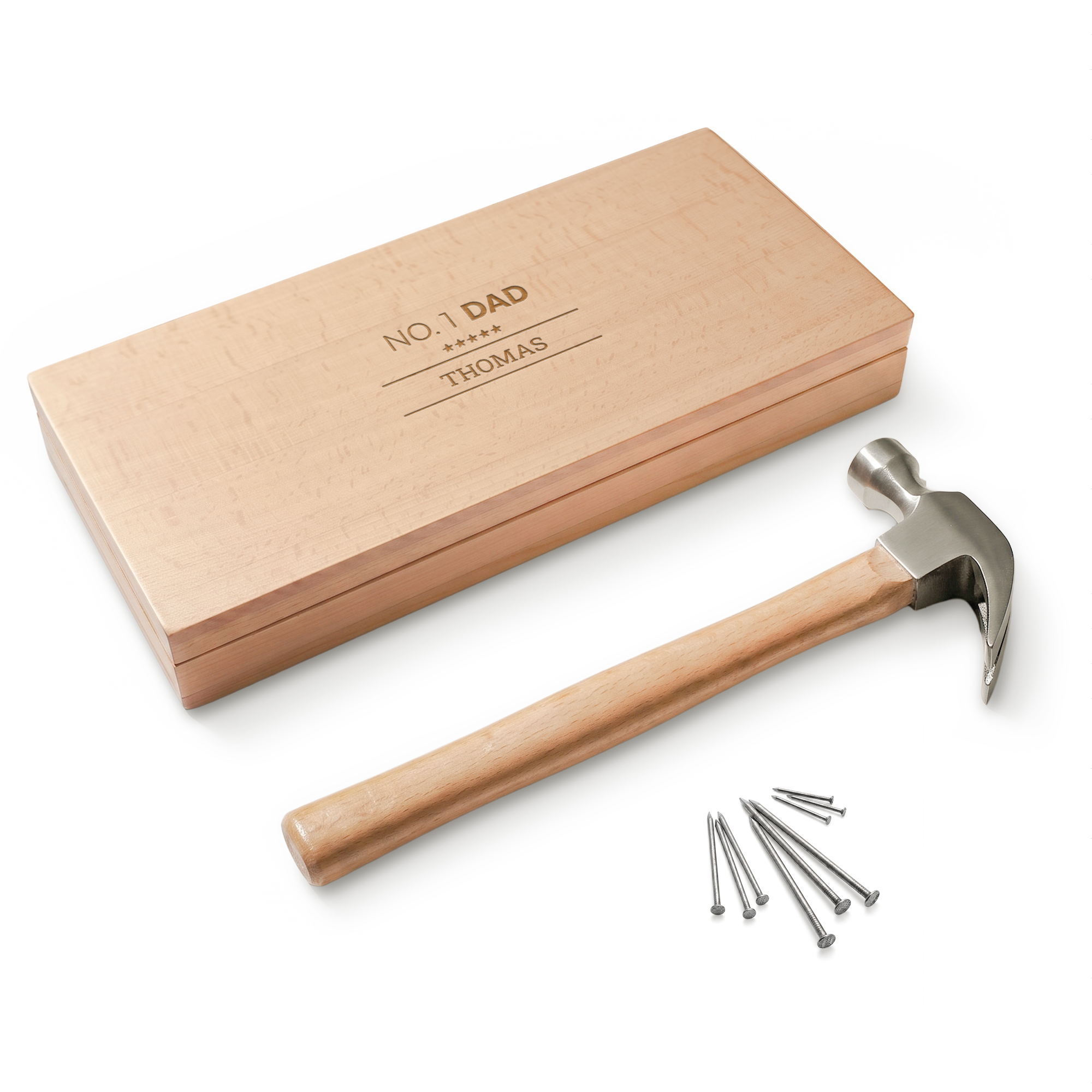 Personalized hammer in engraved wooden box with No 1 Dad and Thomas engraved, perfect for custom gifts