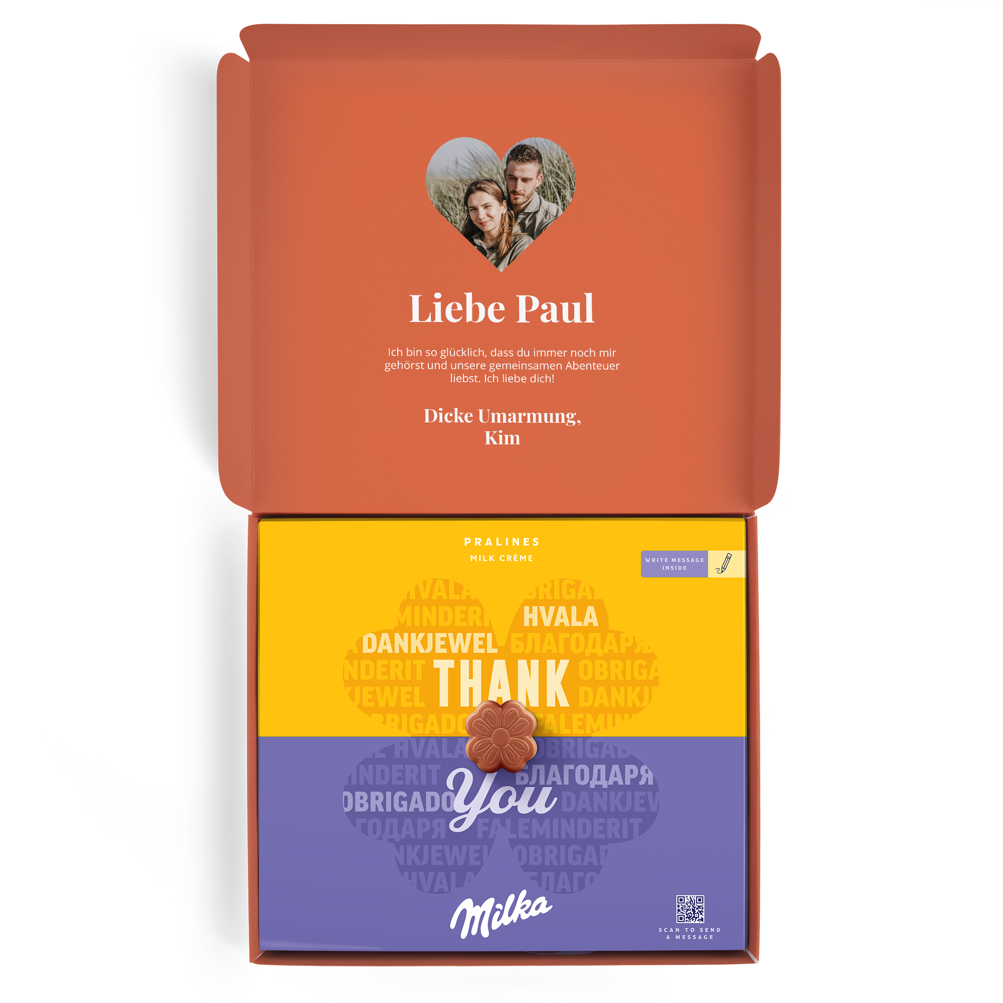 Eine personalisierte Milka Geschenkbox mit individuellem Foto, Name Paul und der Nachricht von Kim, bedruckt.