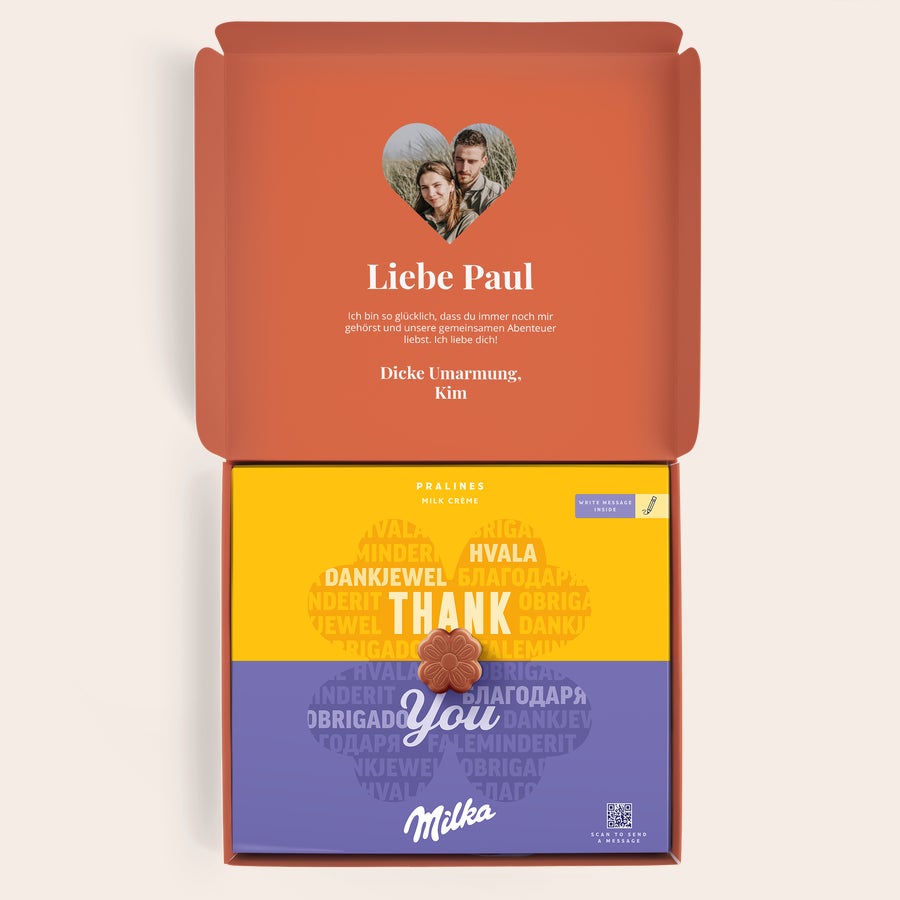 Milka Love Eine personalisierte Milka Geschenkbox mit individuellem Foto, Name Paul und der Nachricht von Kim, bedruckt.
