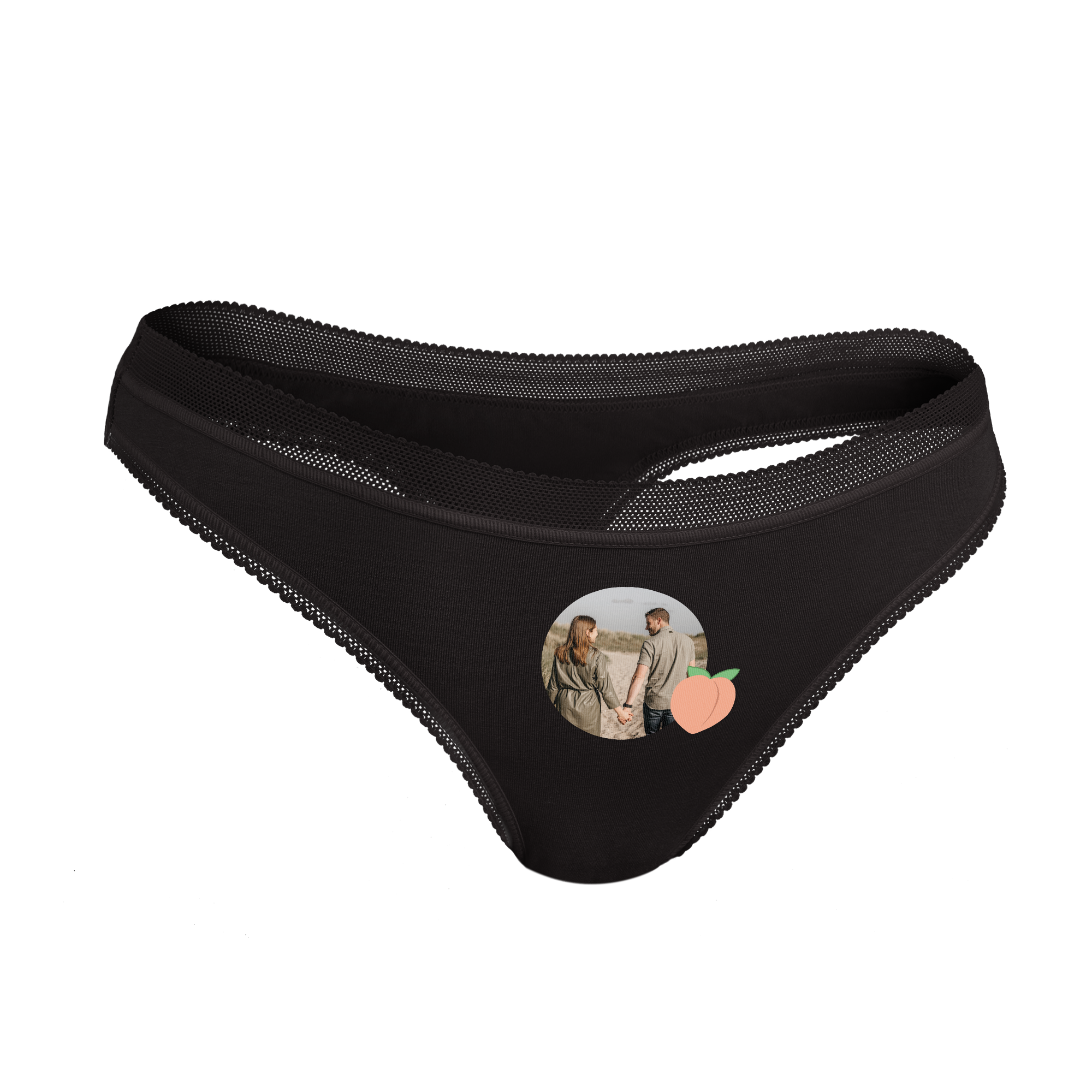 Tanga feminina preta com foto impressa de casal e pêssego, para personalizar