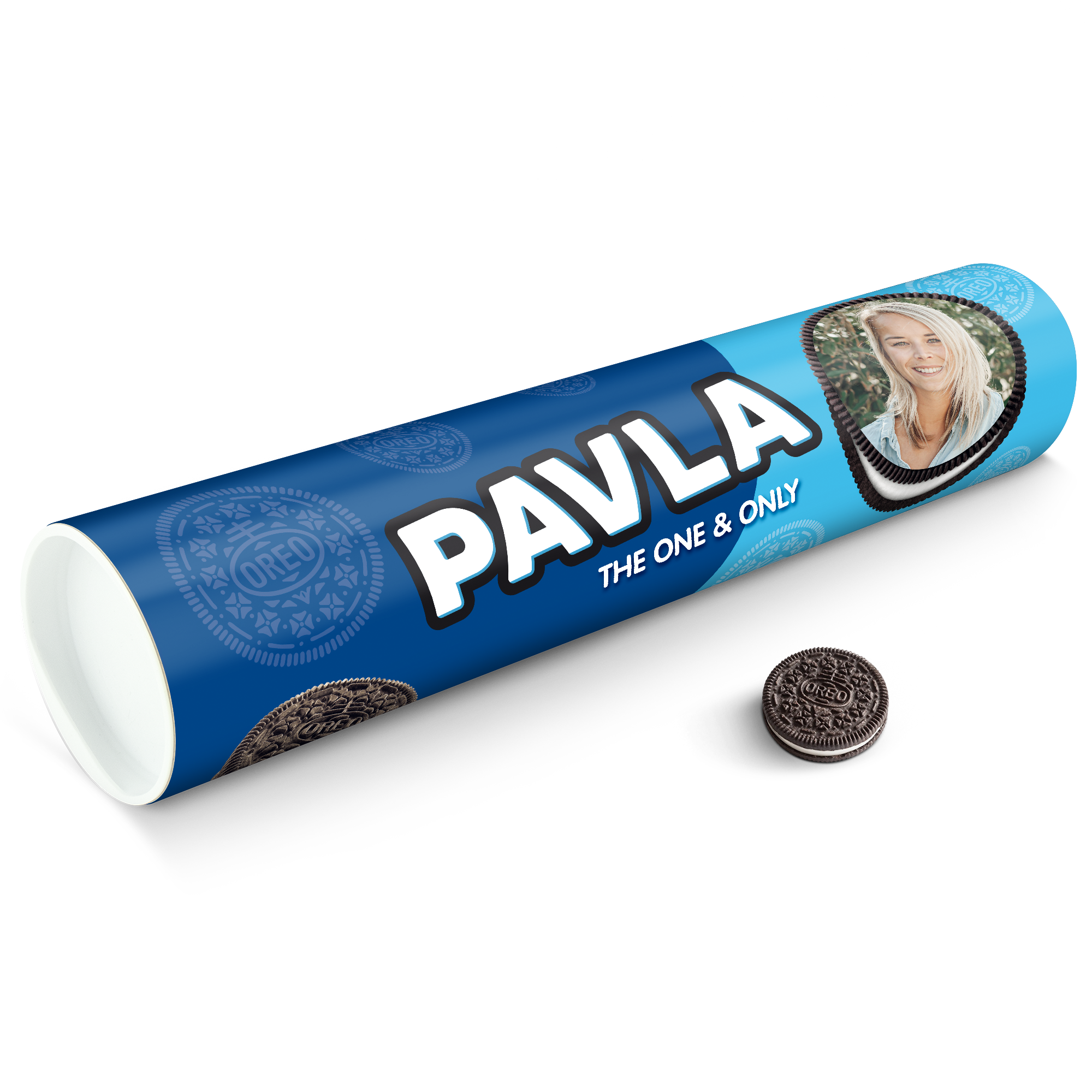 Mega Oreo dárkové balení s fotografií usmívající se ženy a potiskem jména Pavla