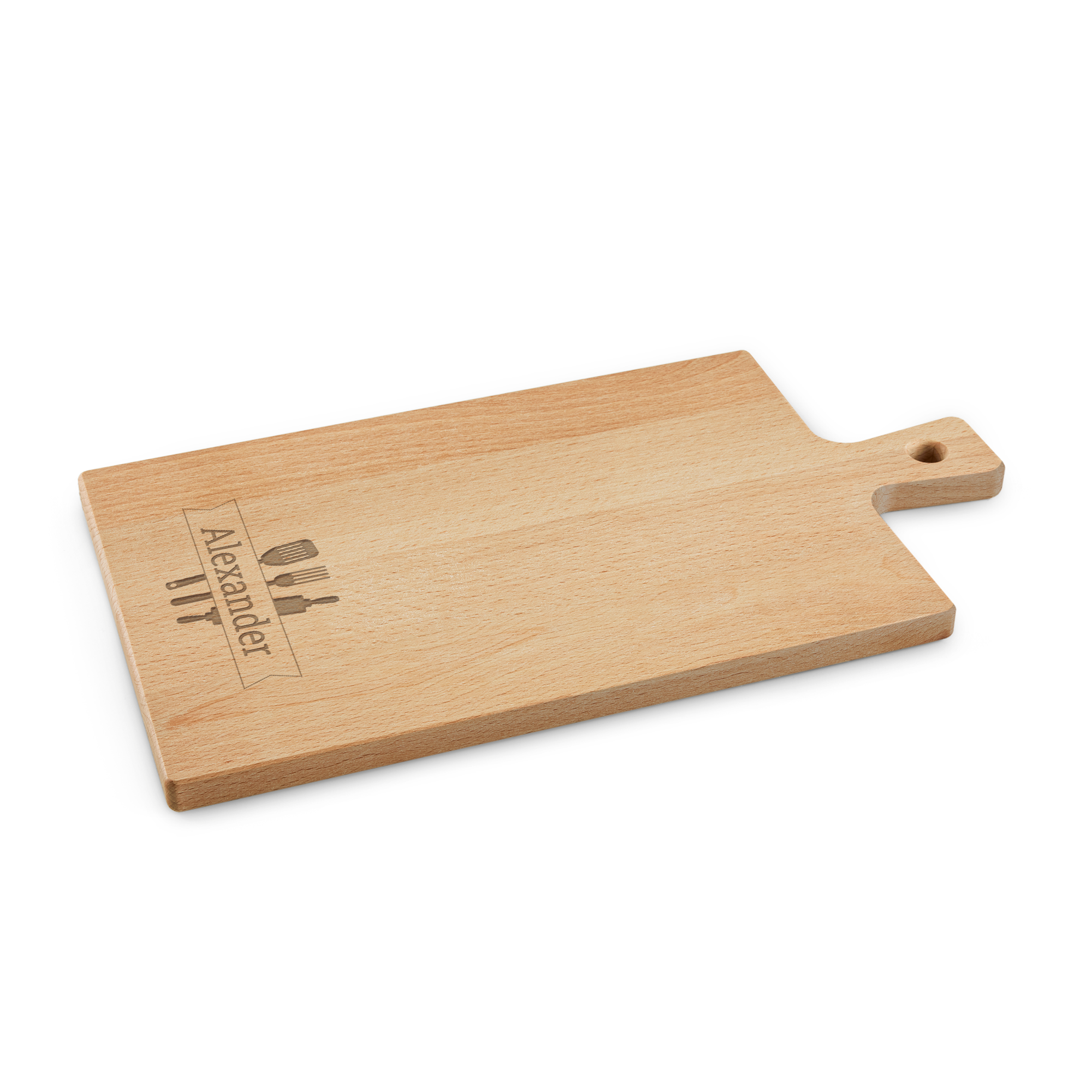 A personalized wooden serving platter engraved with the name Alexander and kitchen utensils for a wine and snacks hamper