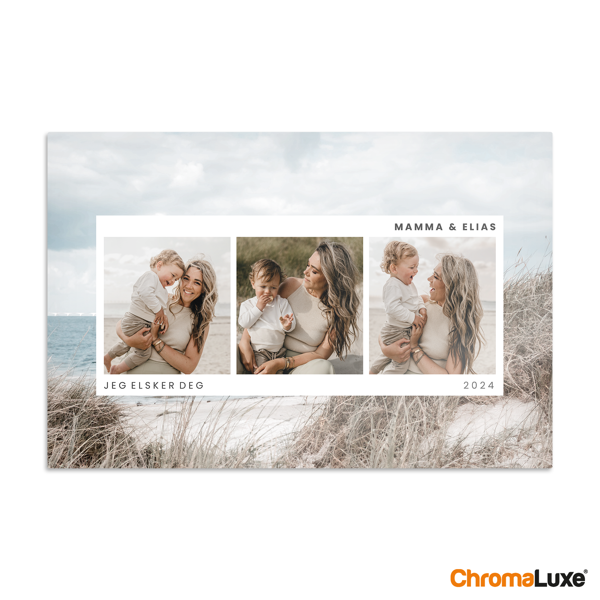 Chromaluxe aluminiumsfotoprint med tre bilder av mor og barn, tekst "Mamma & Elias" og "Jeg elsker deg 2024".