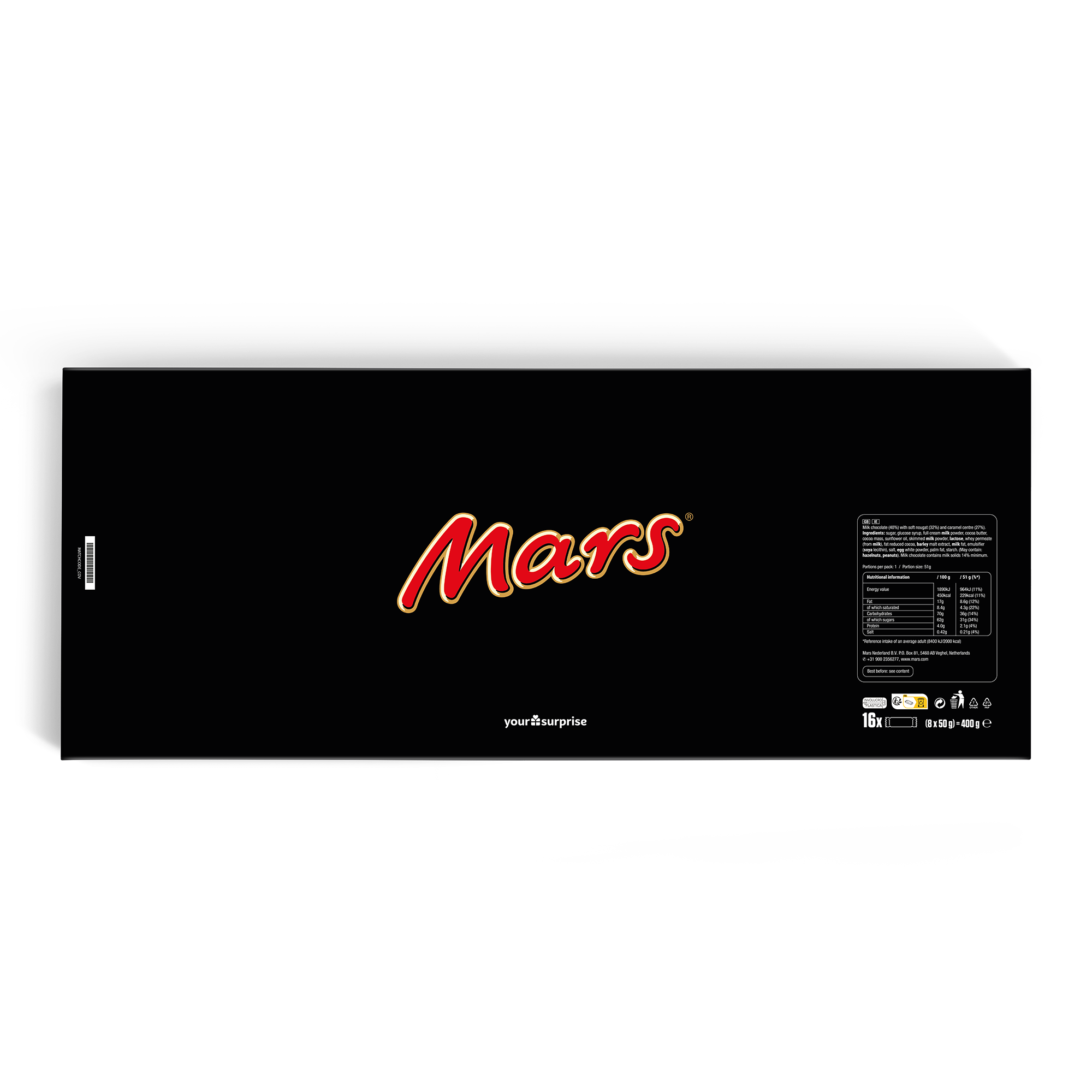 Esta barra de chocolate XXL Mars personalizada é uma grande surpresa com embalagem preta e logo Mars em vermelho, impressa com detalhes nutricionais e código de barras, para um presente com 16 barras.