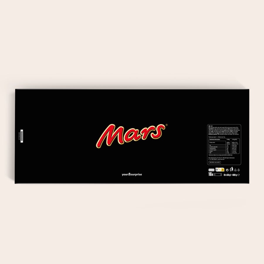 XXL Mars -patukka Musta XXL Mars-suklaapatukka, jossa Mars-logo punaisella ja kultaisella tekstillä. Tämä yksilöllinen XXL Mars-suklaapatukka on todella suuri yllätys.
