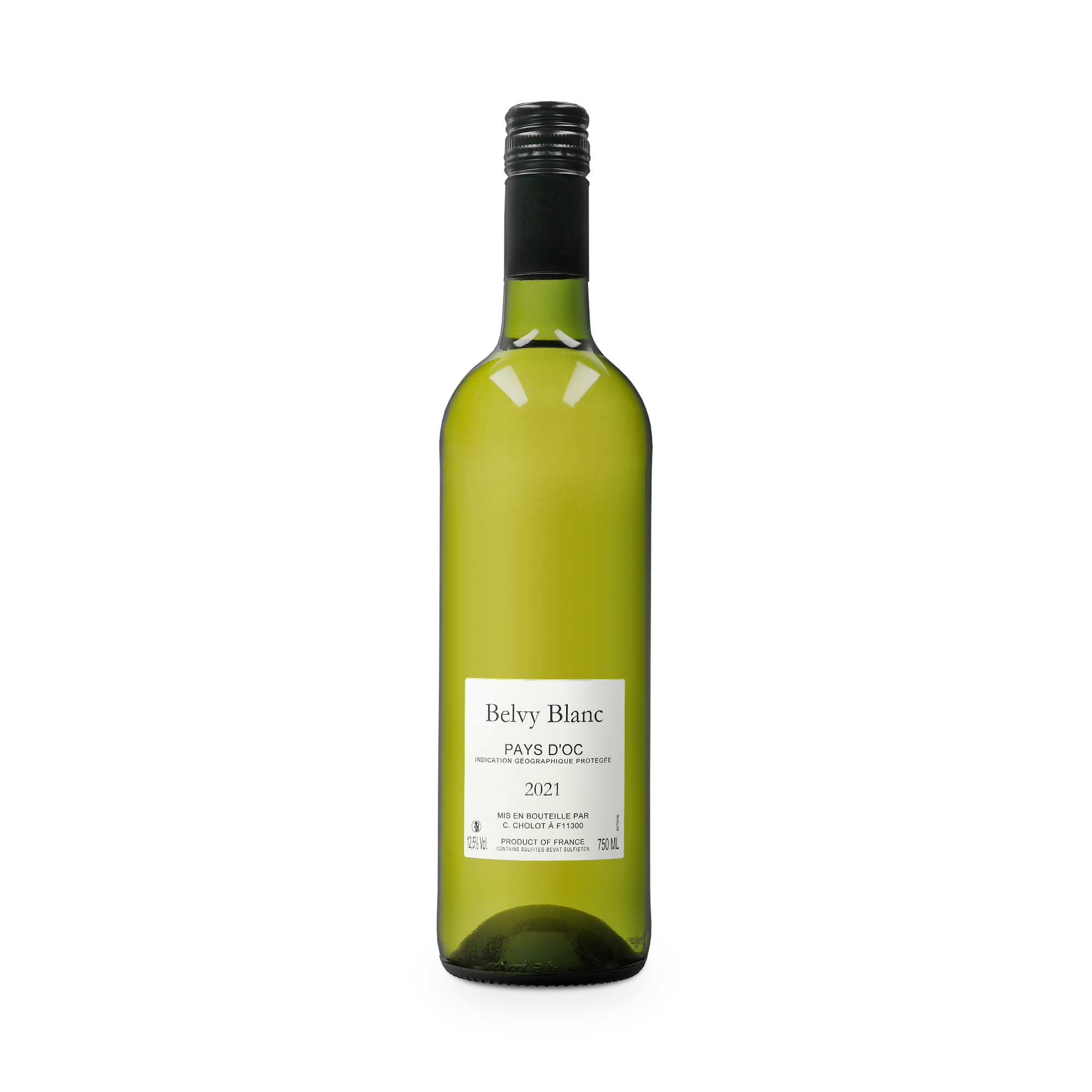 Flasche Belvy Weißwein mit Etikett, bedruckt mit Belvy Blanc Pays d'Oc und dem Jahr 2021
