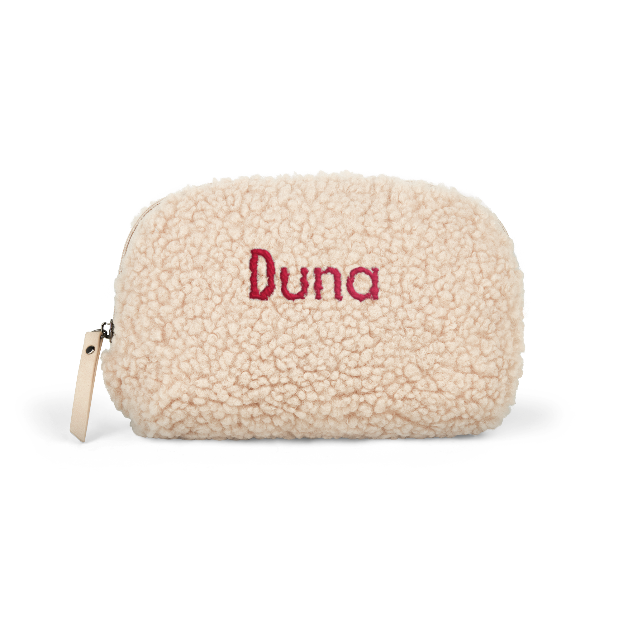 Bolsa de higiene de pelúcia macia, cor creme, com o nome Duna bordado em vermelho