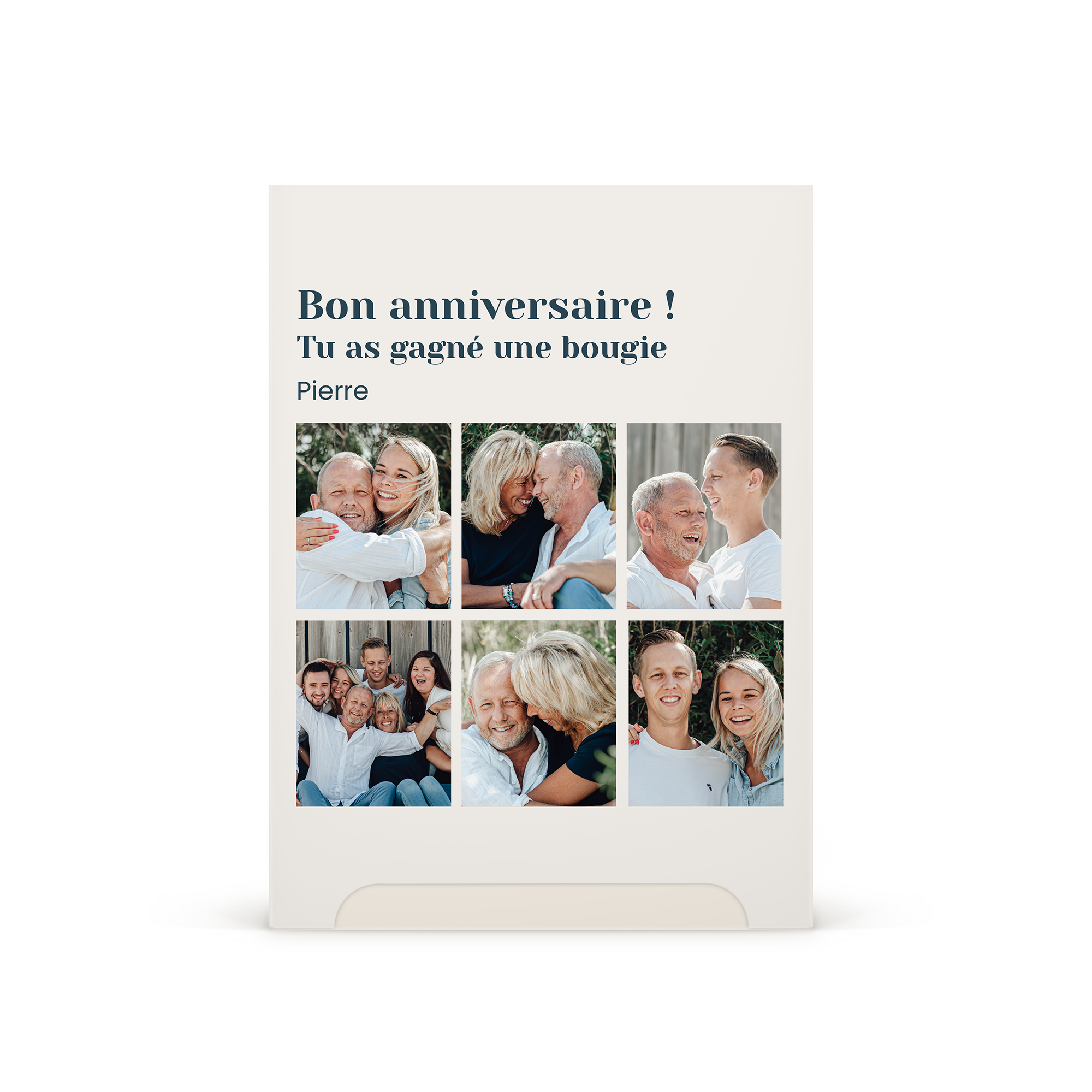 Coffret bien-être personnalisé pour homme imprimé avec des photos de famille et texte "Bon anniversaire Pierre"
