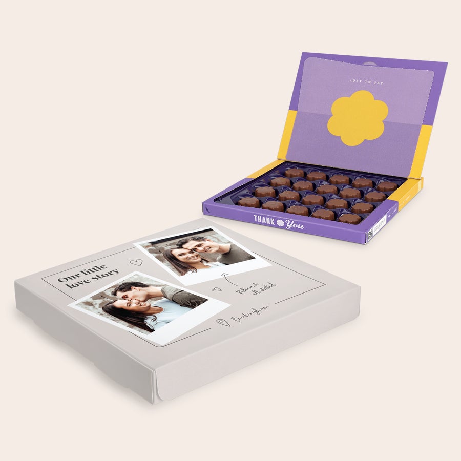 Milka Praline Ljubezen Personalizirana darilna škatla Milka z vašo fotografijo in besedilom, napolnjena s pralineji.