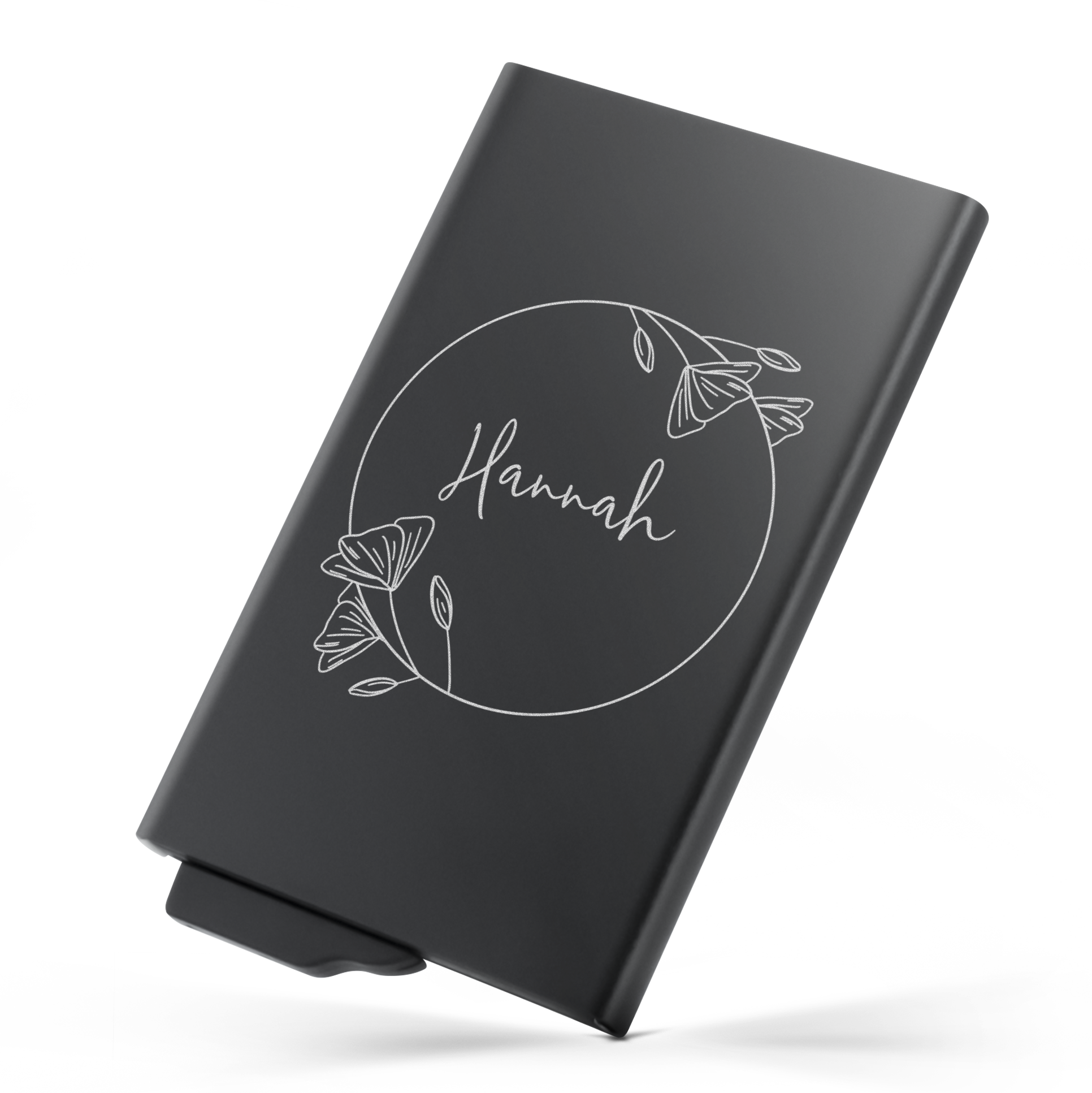 Portofel slide metalic personalizat cu gravură laser, cu numele Hannah și model floral.