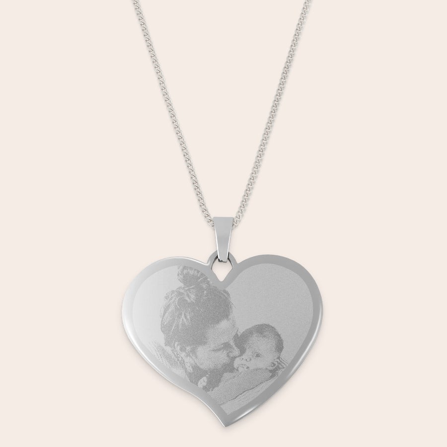 Collar corazón grabado grande Colgante de corazón grabado con foto de madre y bebé en acero inoxidable.